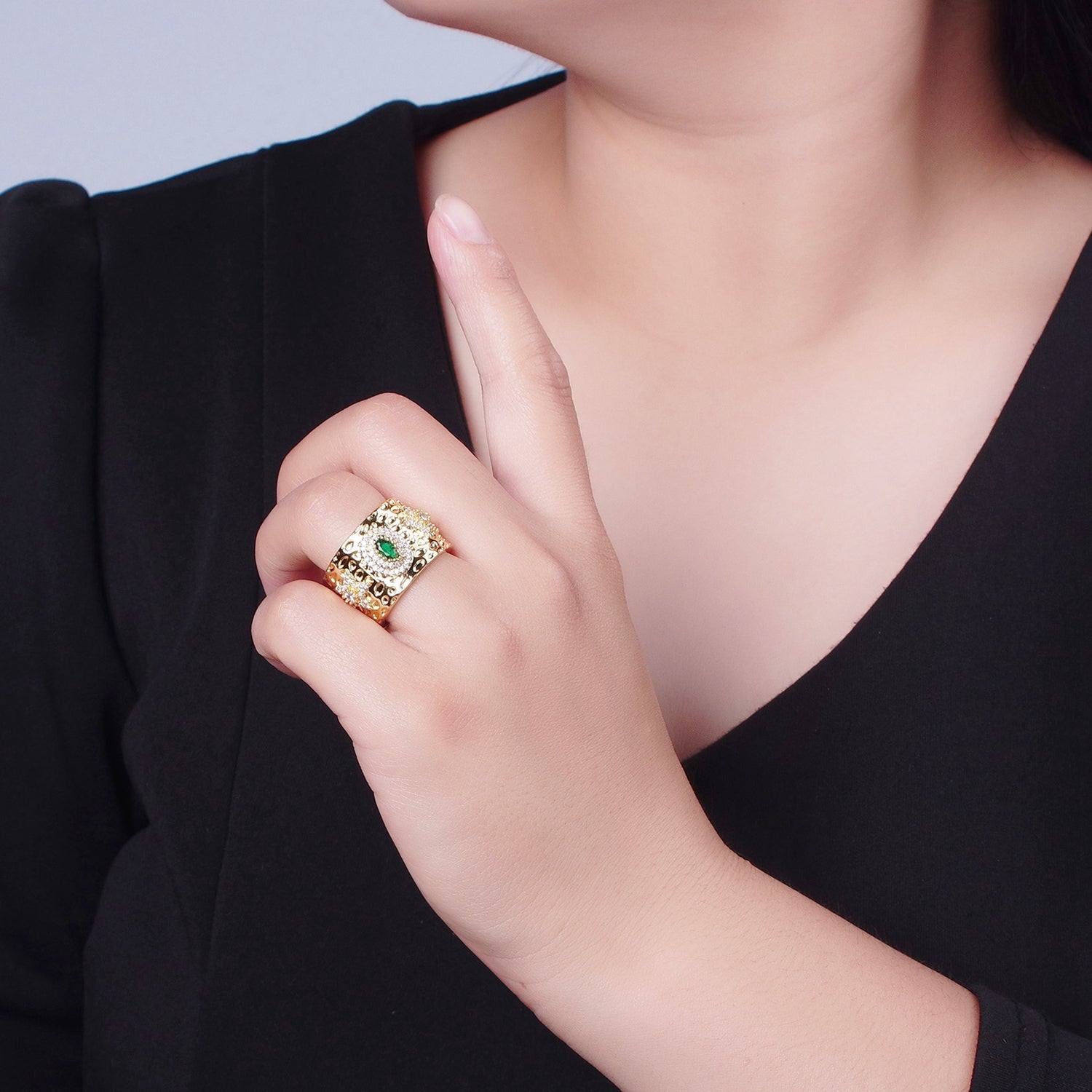 24K Gold Filled Textured Signet Ring with Micro Pave Star & Green Cubic Zirconia P336 - DLUXCA