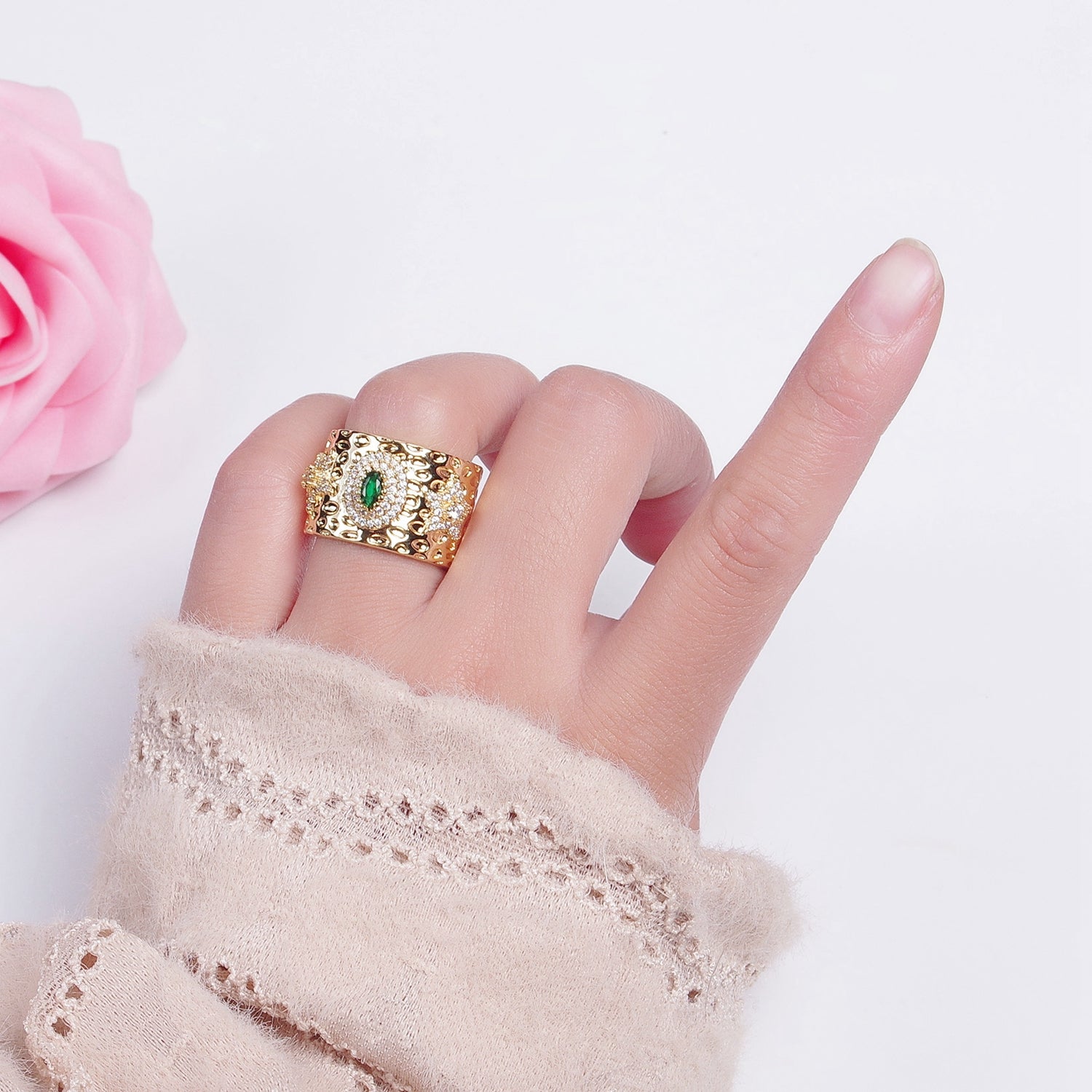 24K Gold Filled Textured Signet Ring with Micro Pave Star & Green Cubic Zirconia P336 - DLUXCA