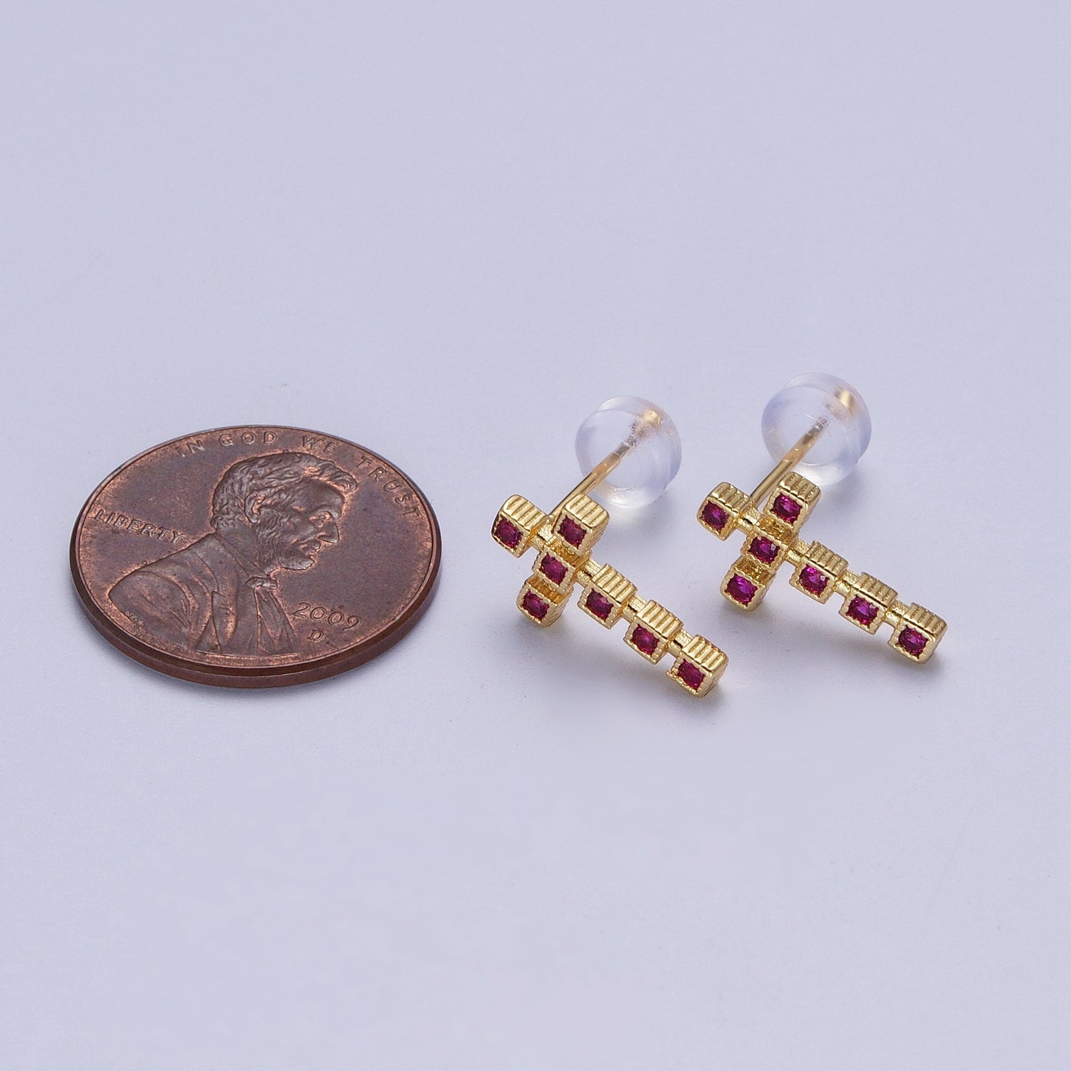 Clear Green Fuchsia Cross Square Baguette Cubic Zirconia CZ Gold Religious Stud Earrings | G085 G087 G111 - DLUXCA