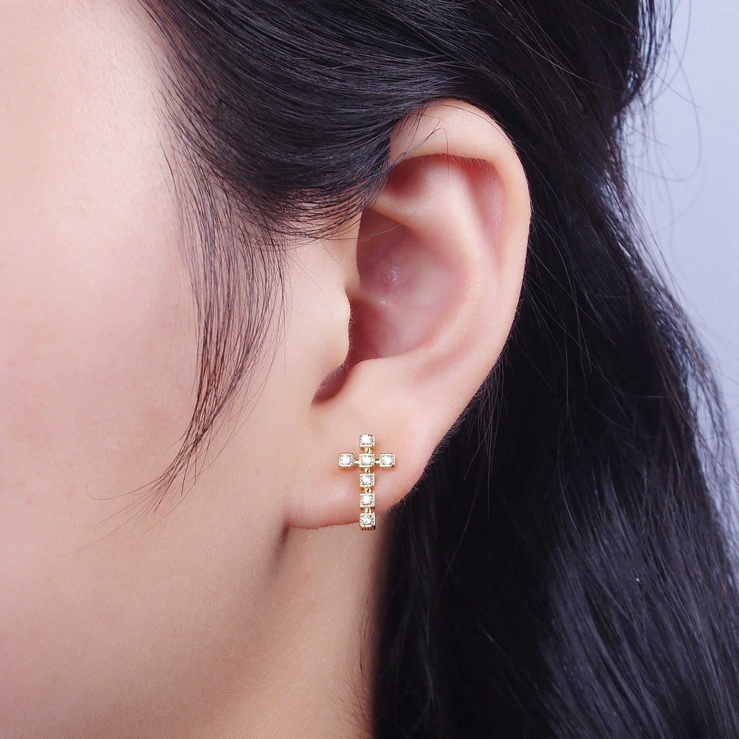 Clear Green Fuchsia Cross Square Baguette Cubic Zirconia CZ Gold Religious Stud Earrings | G085 G087 G111 - DLUXCA