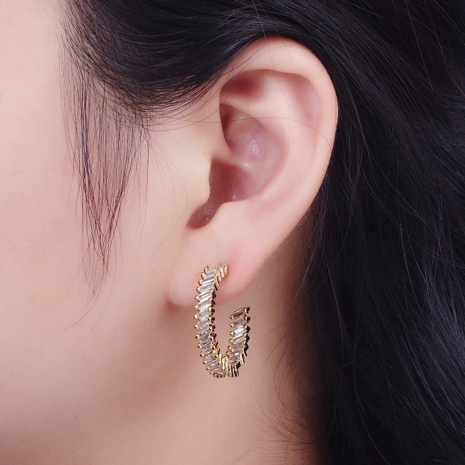 Clear Gold Baguette CZ Hoop Earrings | Gold Cubic Zirconia Earrings | Gold CZ Earrings | Baguette Hoop Earrings | CZ Baguette Earrings G-138 - DLUXCA