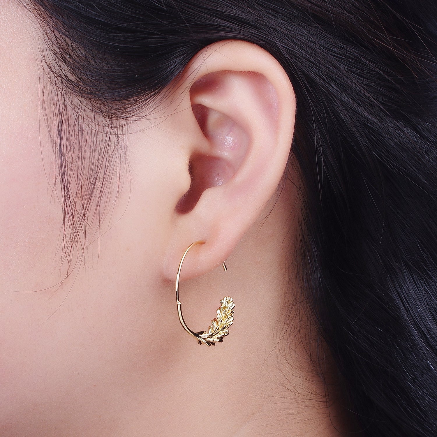 Gold Paddy Wheat Minimalist Open Hoop Stud Earrings | G119 - DLUXCA