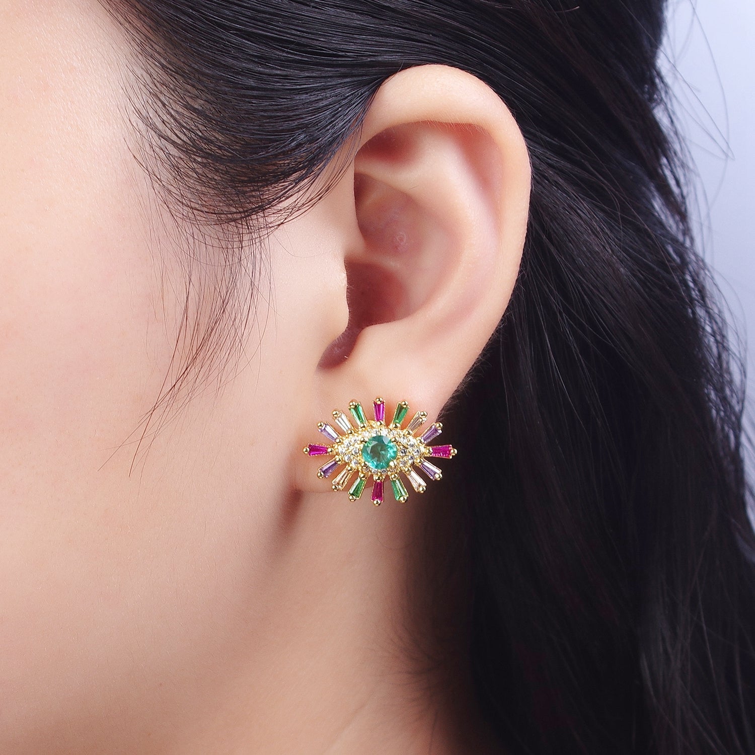 24K Gold Filled Micro Paved Eye of Ra Multicolor Baguette Cubic Zirconia Protection Stud Earrings | G136 - DLUXCA