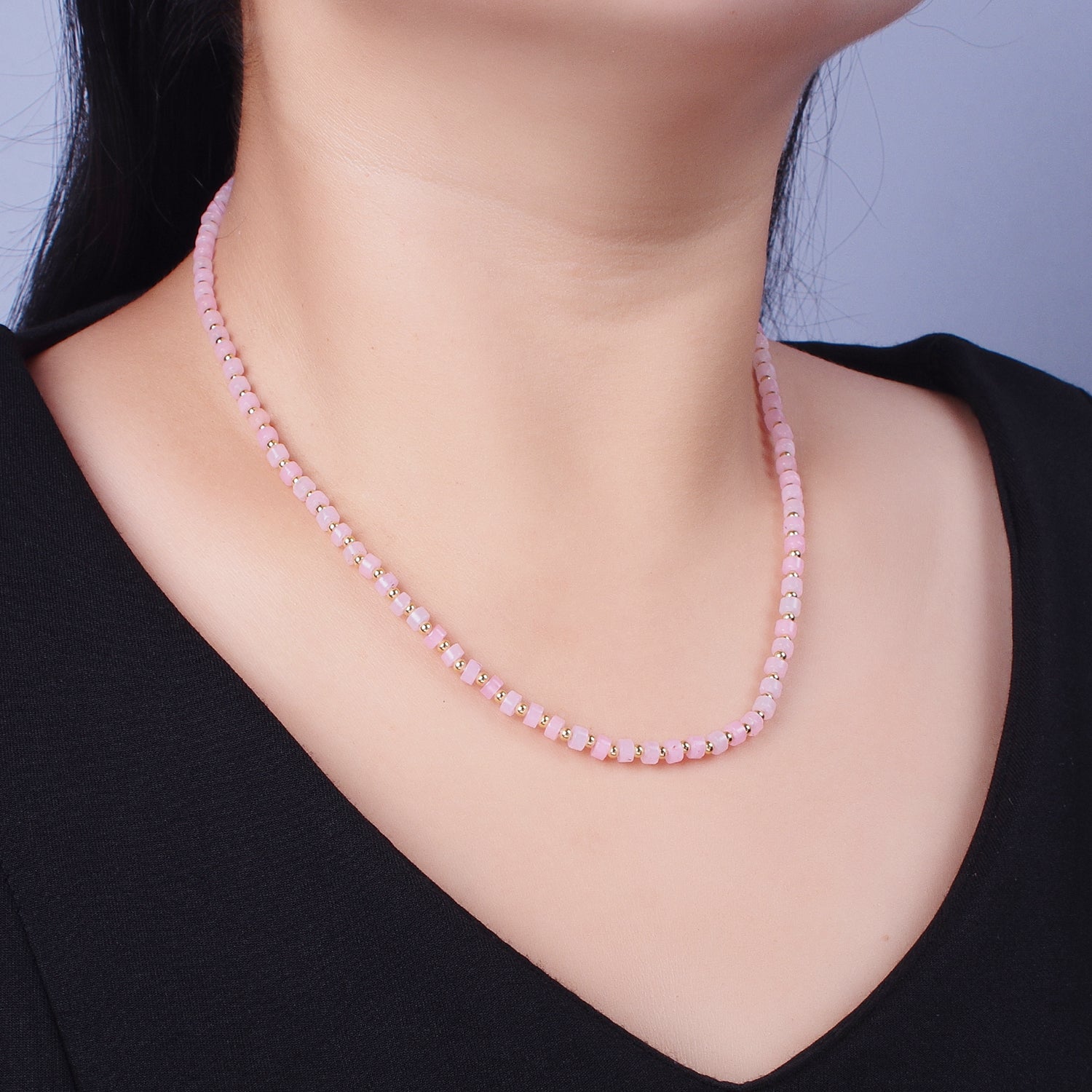 Gold Filled Pink Rose Quartz Rondelle Heishi Gemstone Gold Spacer Beads 15.5 Inch Choker Necklace | WA-1430 - DLUXCA