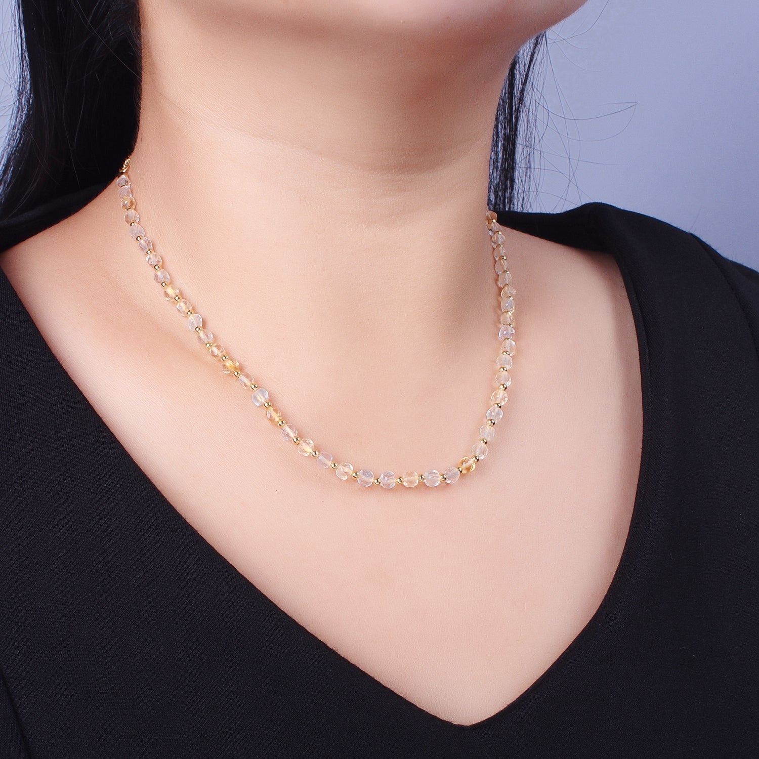 15.5 Inch Natural Yellow Citrine Multifaceted Cube Gemstone w. Gold Bead Choker Necklace | WA-1425 - DLUXCA