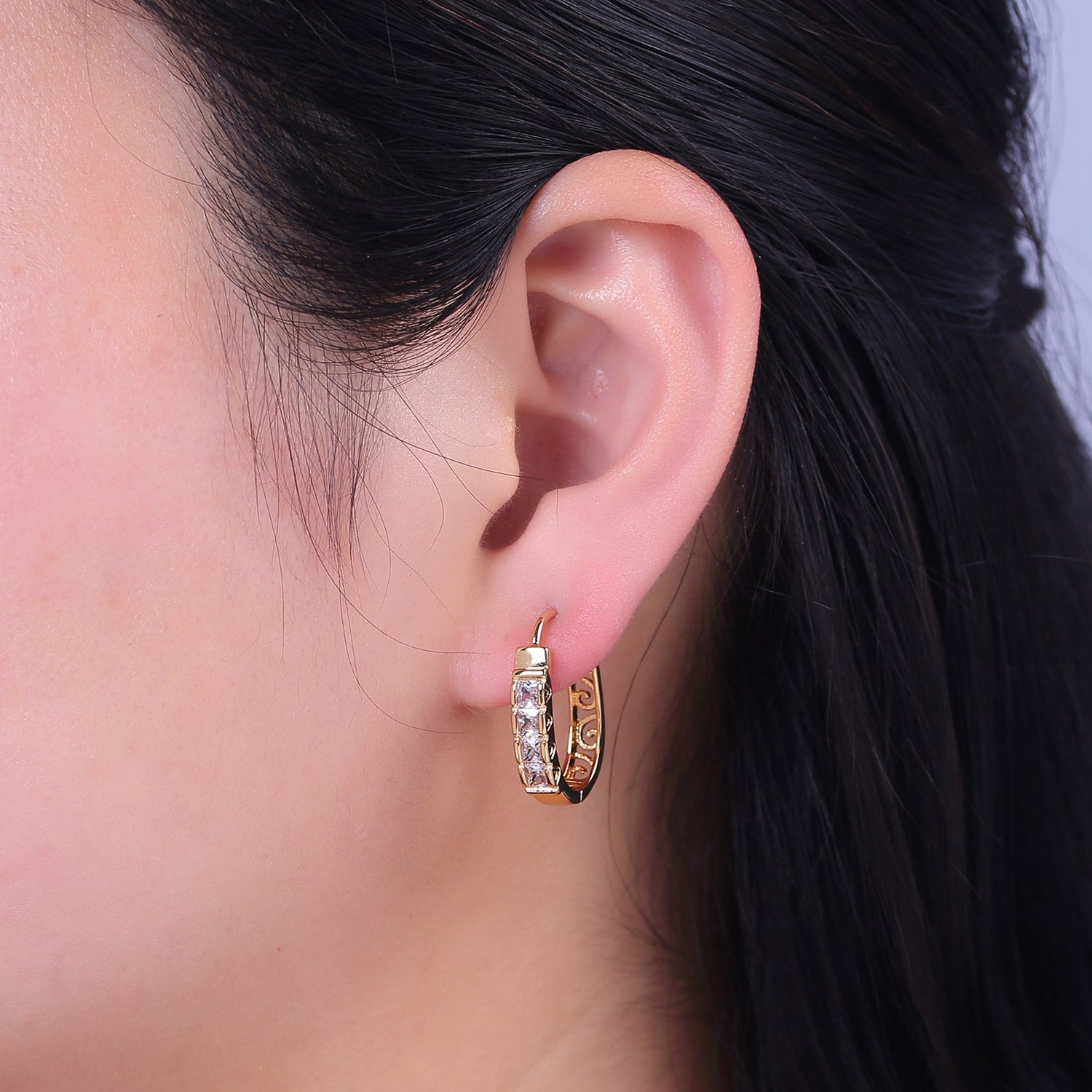 Vintage Gold Hoop Earring with CZ Stone Classic oval Hoop Earring V-369 - DLUXCA