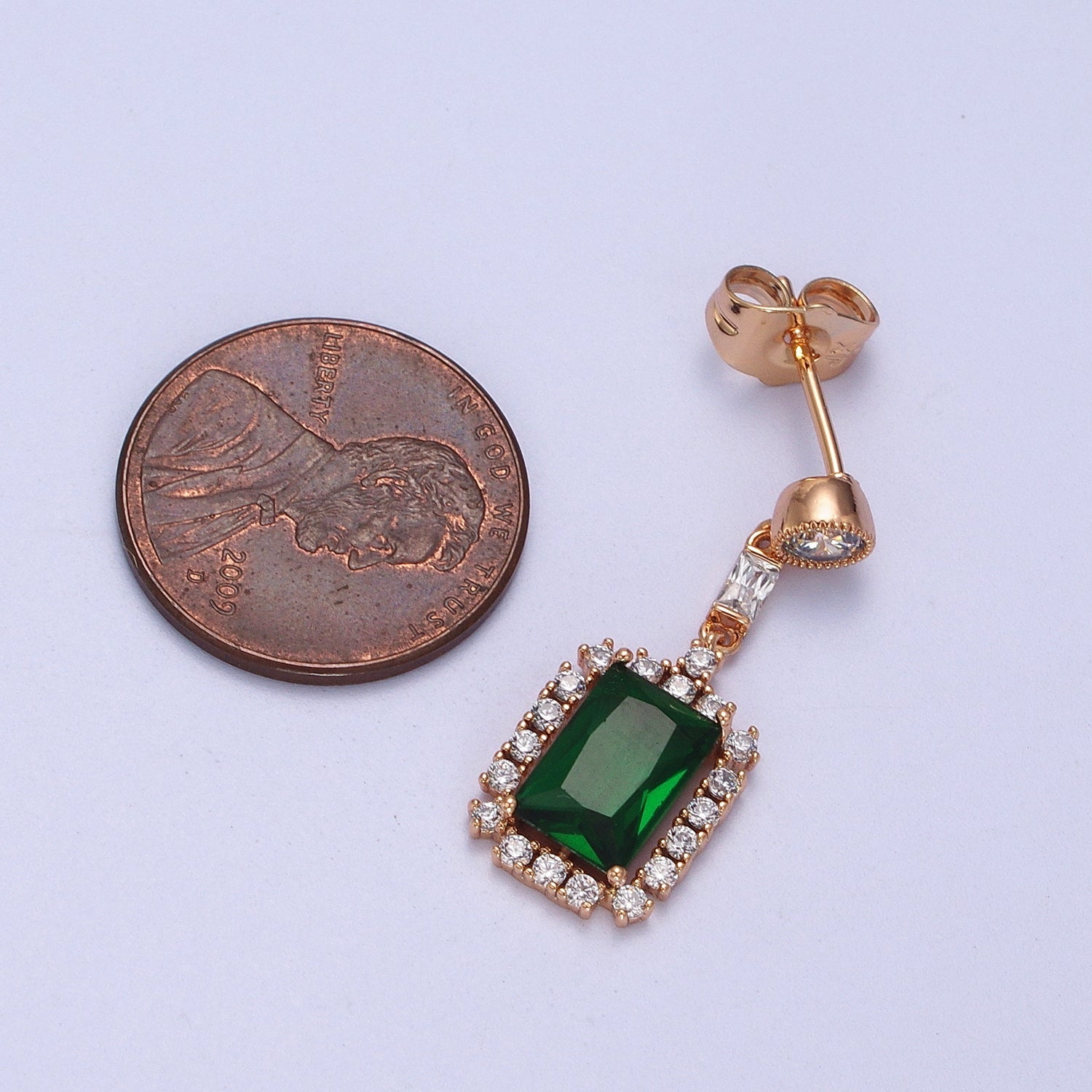 18K Gold Filled Clear, Green CZ Baguette Drop Round Stud Dangle Earrings | V012 V013 - DLUXCA