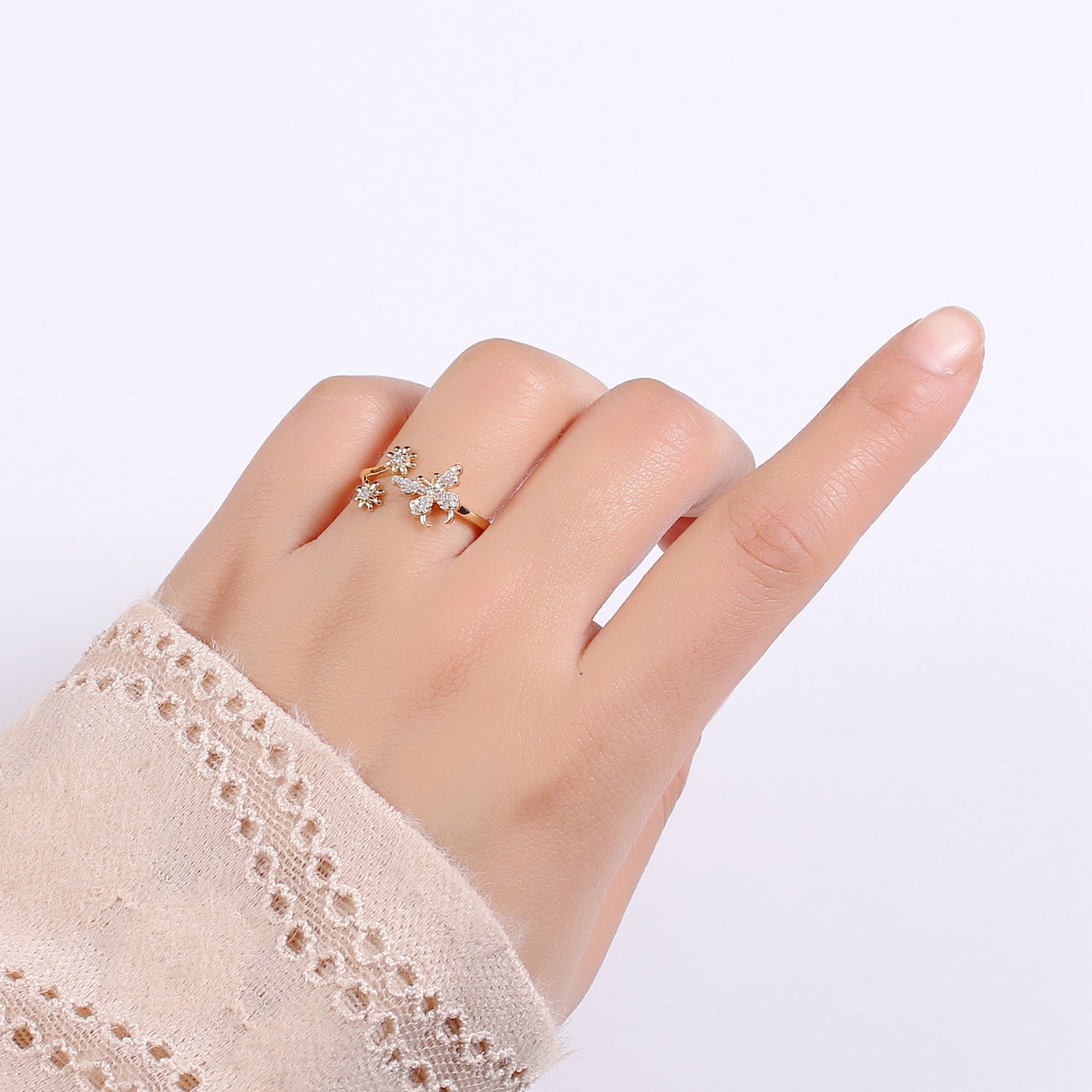 Dainty Elegant Butterfly and Flower 18K Gold Filled Adjustable Ring - R271 - DLUXCA