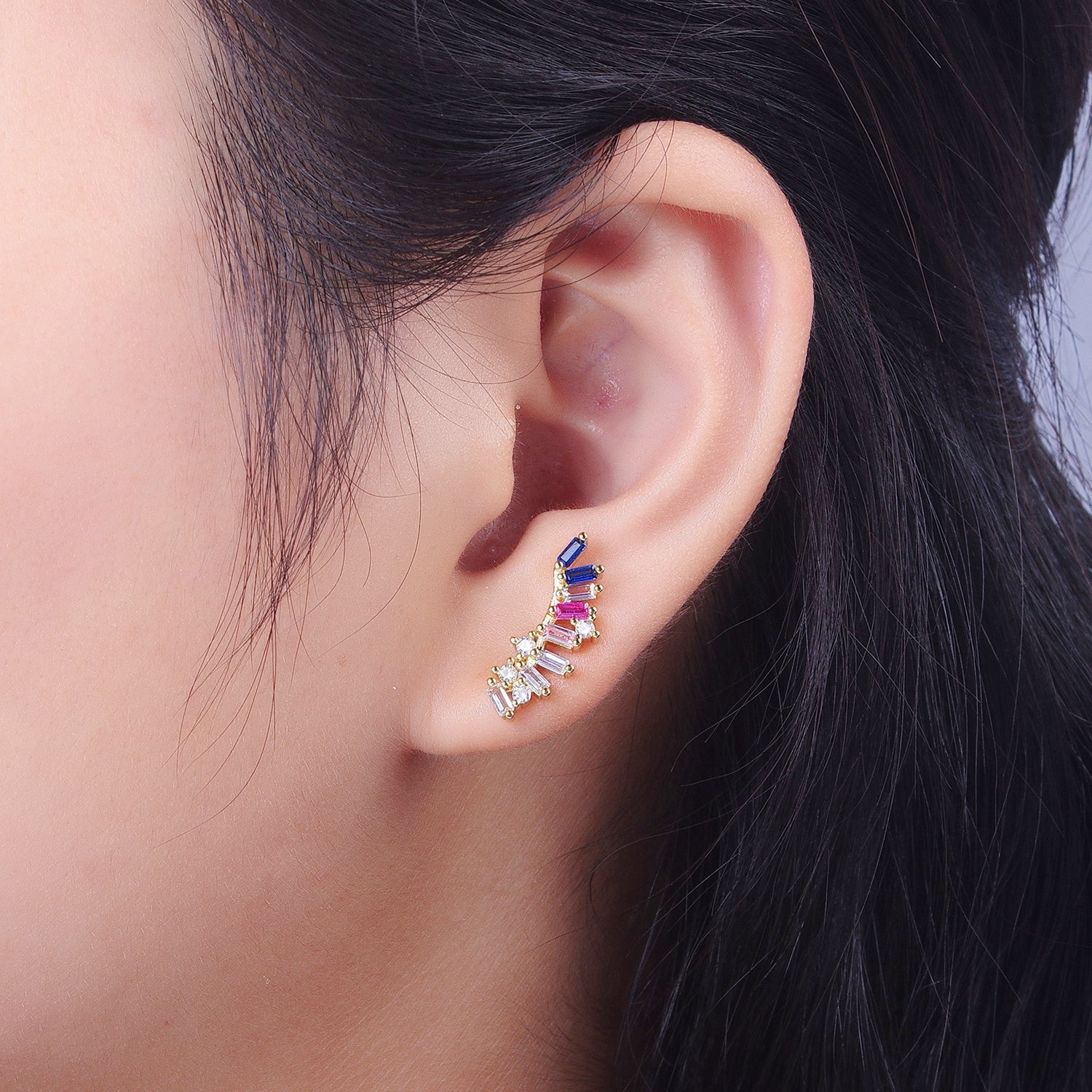Minimalist Multicolor Baguette Geometric Shooting Star Gold Stud Earrings | Y271 - DLUXCA