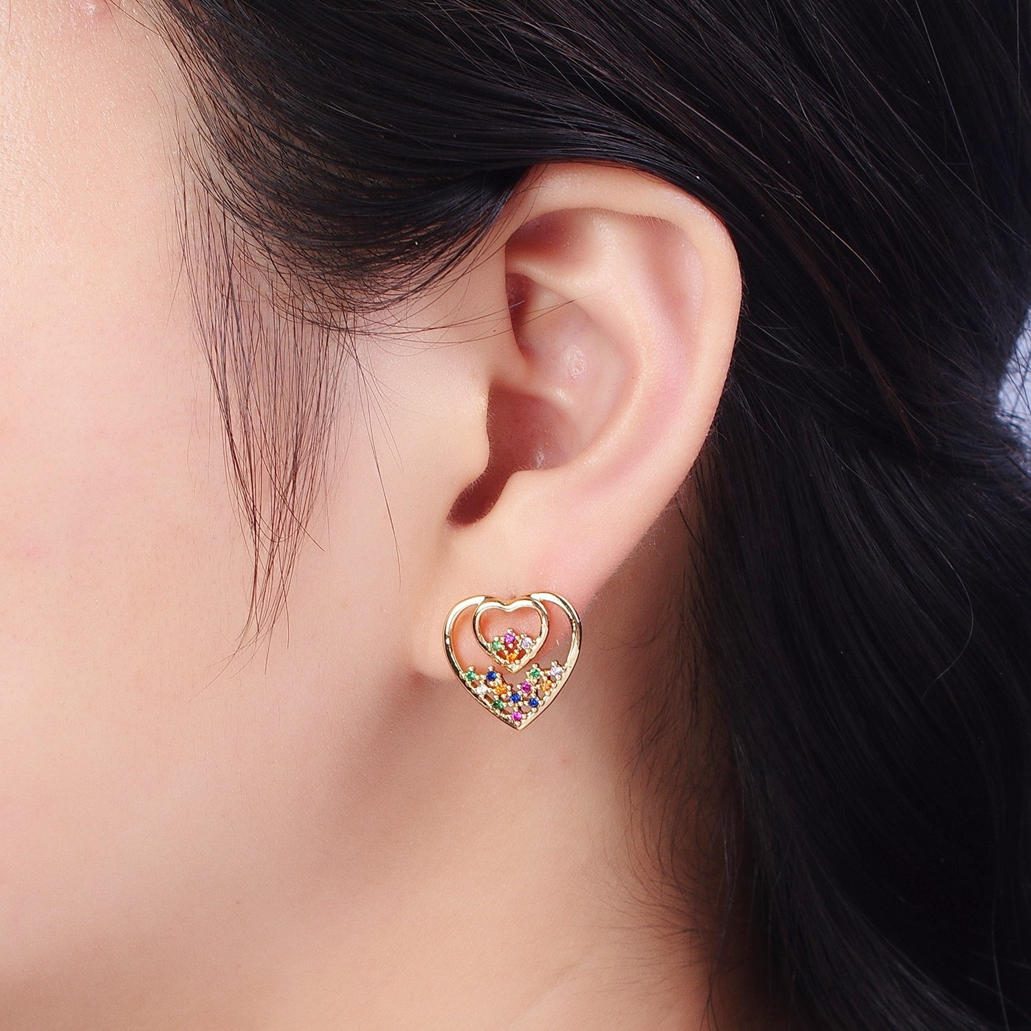 Gold Heart Stud Earring Rainbow Cz Stud Earring G-378 - DLUXCA