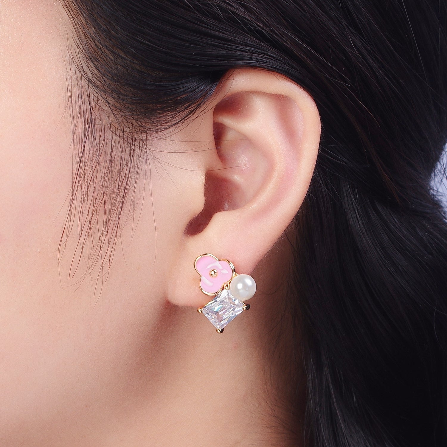 Pink Flower Stud White Flower Stud Earring With Rectangle Shape CZ in Gold G-396 G-397 - DLUXCA
