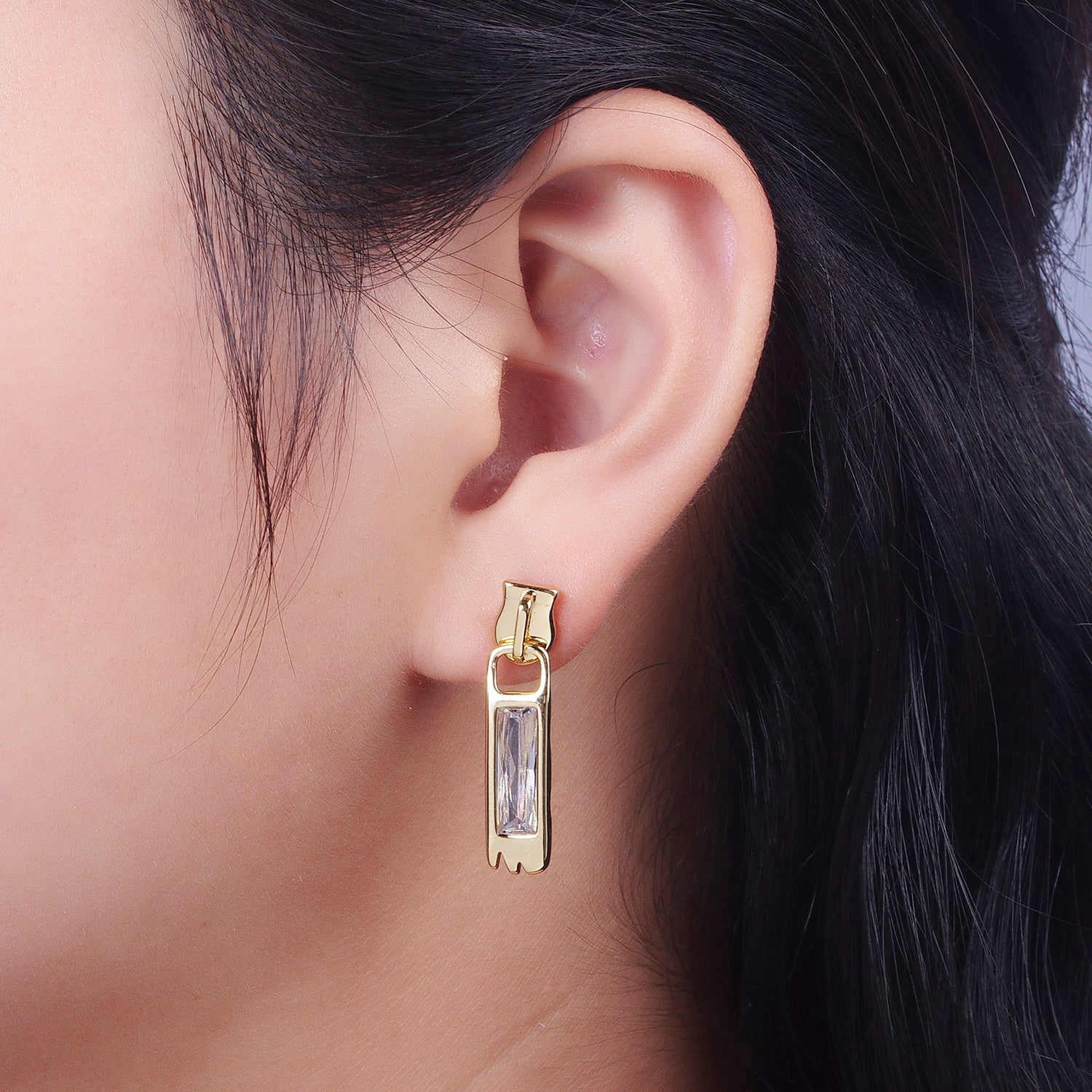 14K Gold Filled Clear Baguette Bar Drop Dangle Stud Earrings | Y285 - DLUXCA