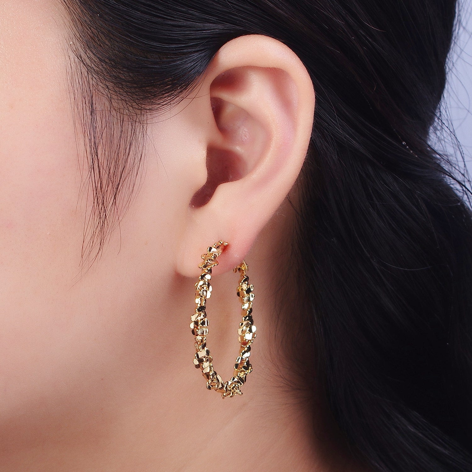 16K Gold Filled Textured Abstract C Shaped Latch Hoops | Q343 - DLUXCA