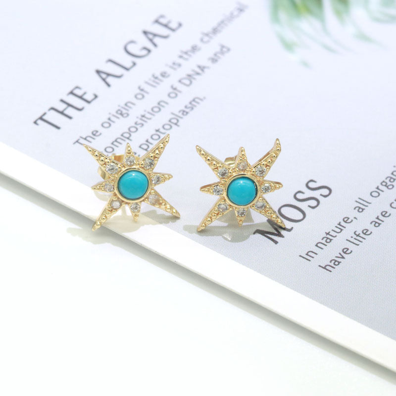 Dainty North Star Stud Cubic Zirconia Turquoise stud earrings  Dainty Gold Stud earring - DLUXCA