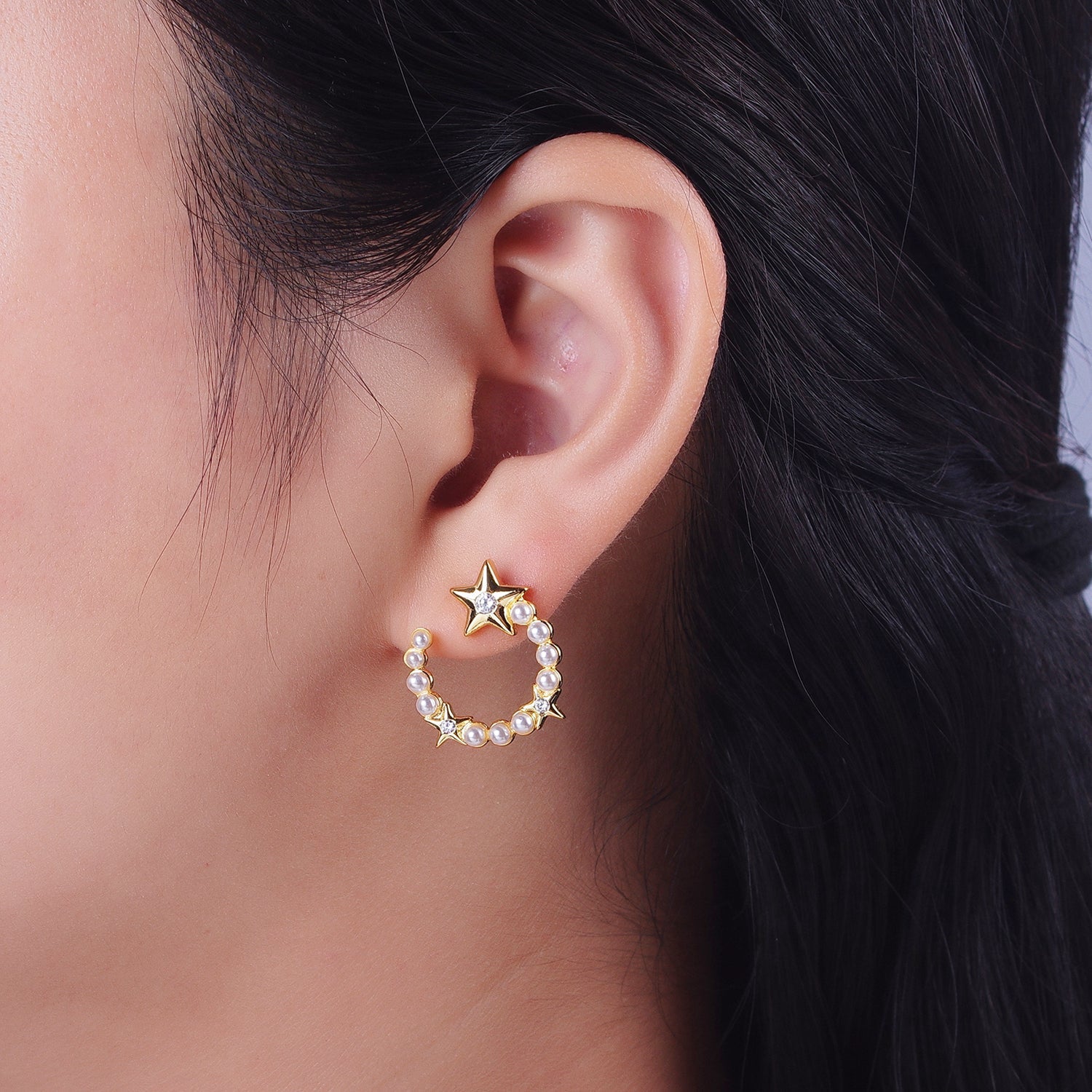 24K Gold Filled White Pearl Crescent Moon Stars CZ Celestial Stud Earrings | Y229 - DLUXCA