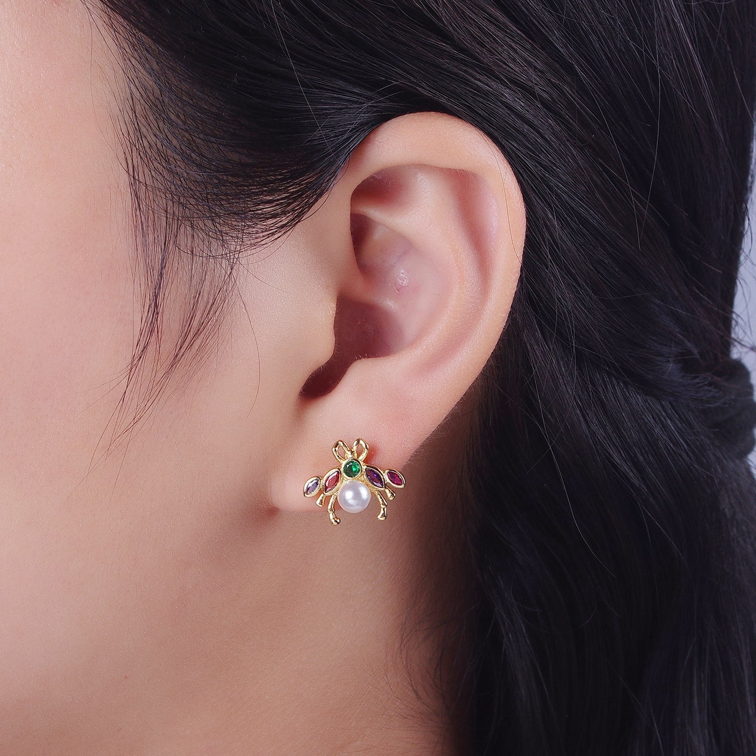24K Gold Filled Bee Insect Multicolor CZ Marquise Round White Pearl Stud Earrings | Y230 - DLUXCA