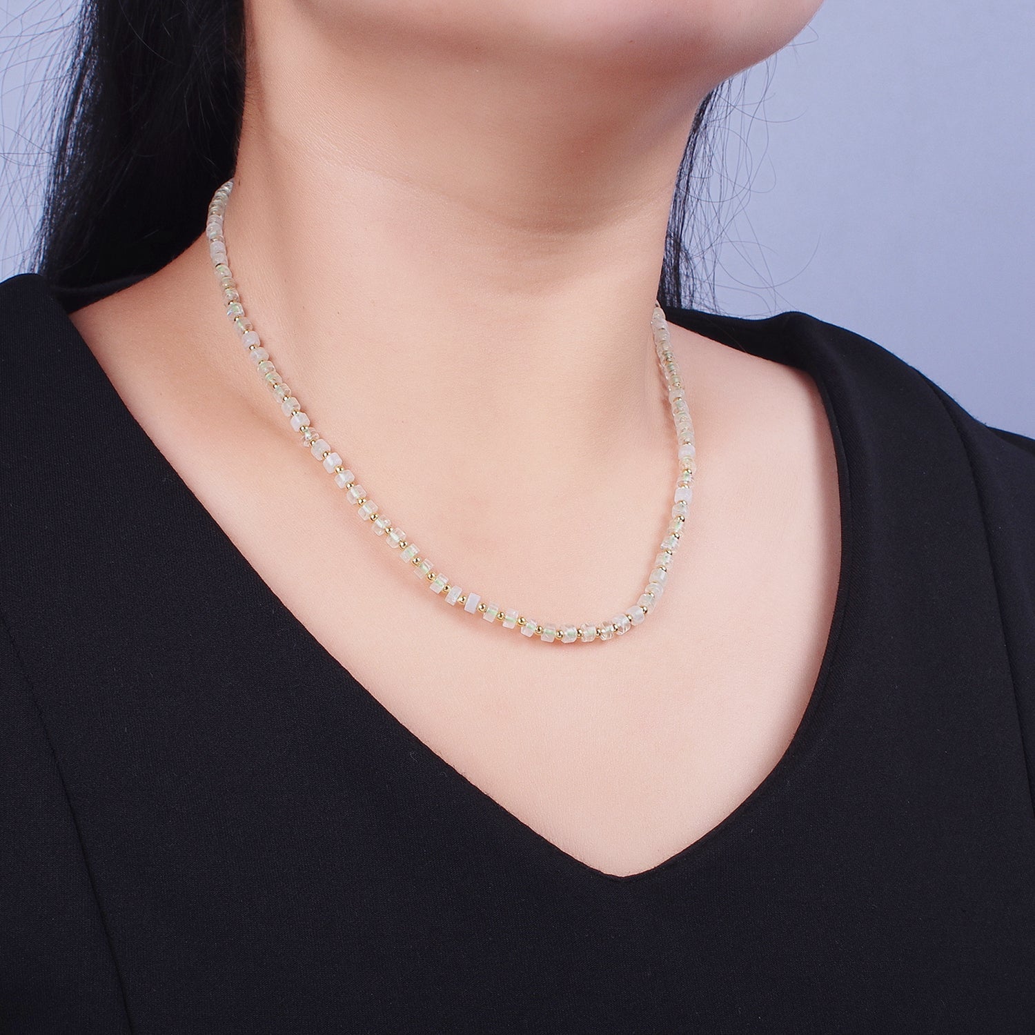 Gold Filled Green Prehnite Rondelle Heishi Gemstone Gold Spacer Beads 16 Inch Choker Necklace | WA-1436 - DLUXCA