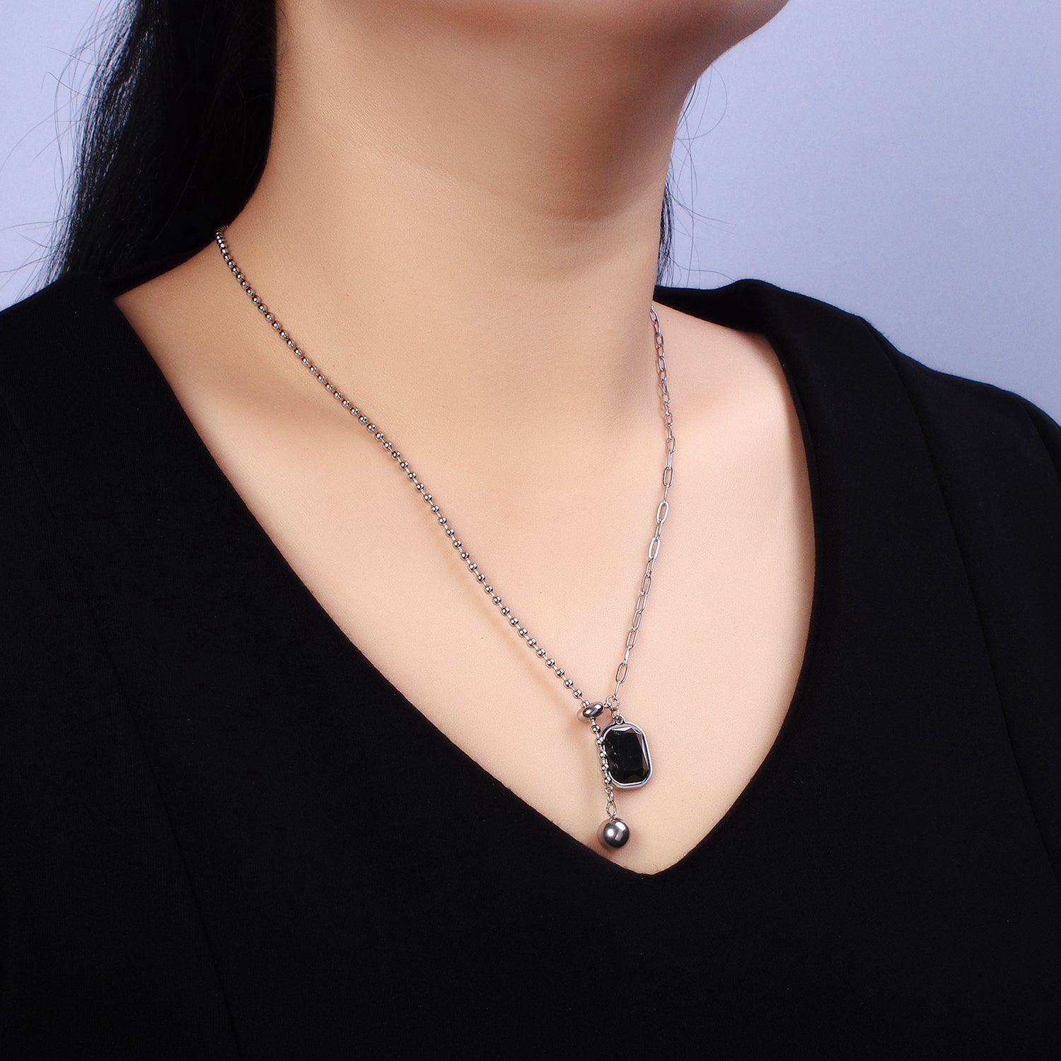 Stainless Steel Black Pendant Double Bead & Paperclip Chain Link 17 Inch Necklace in Gold & Silver | WA-1634 WA-1635 - DLUXCA