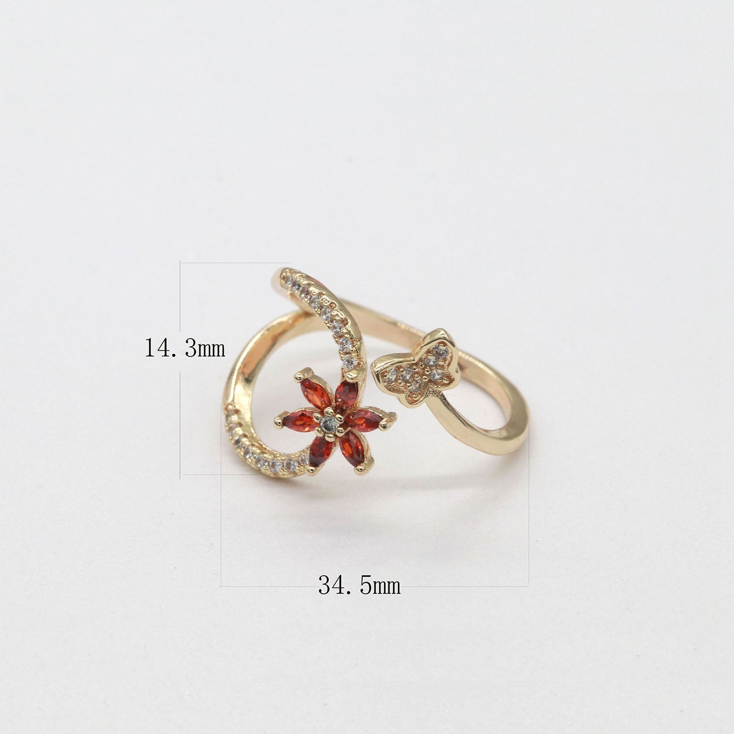 Dainty Red Flower Ring with Gold Butterfly Open Adjustable Ring - DLUXCA