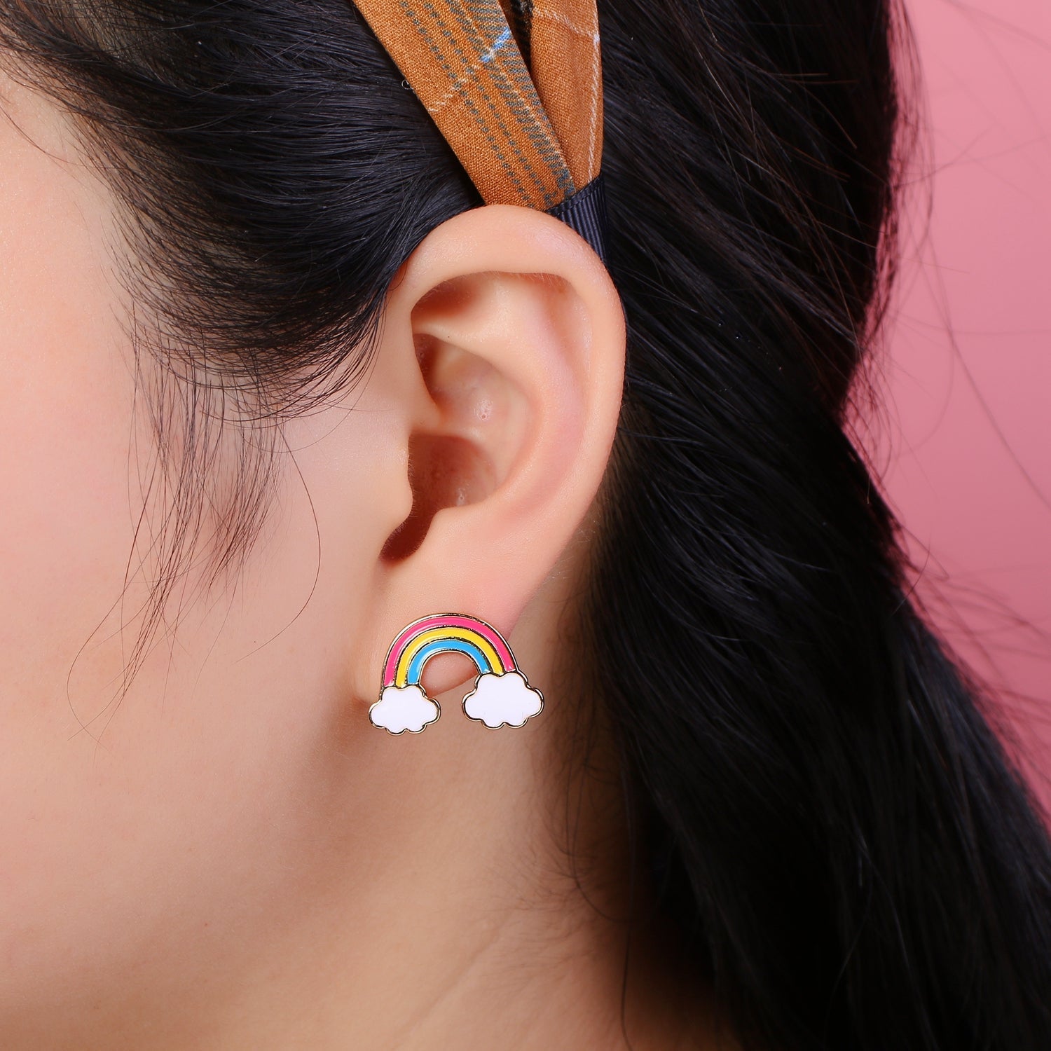 Dainty Gold Plated Colorful Rainbow & Cloud Studs Earrings GP-1028 - DLUXCA