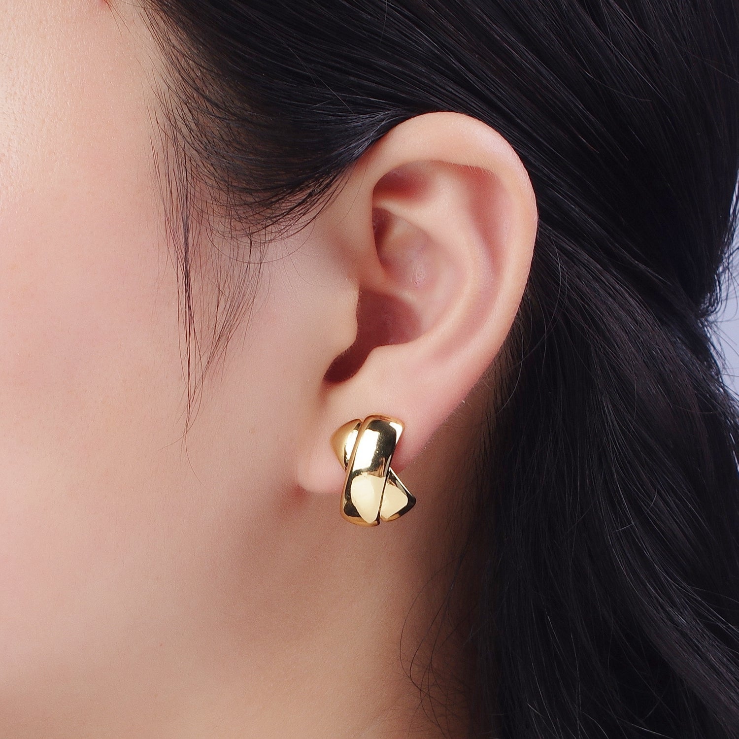 Gold Double Tape Flat Bar Cross Dome Stud Earrings | G460 - DLUXCA