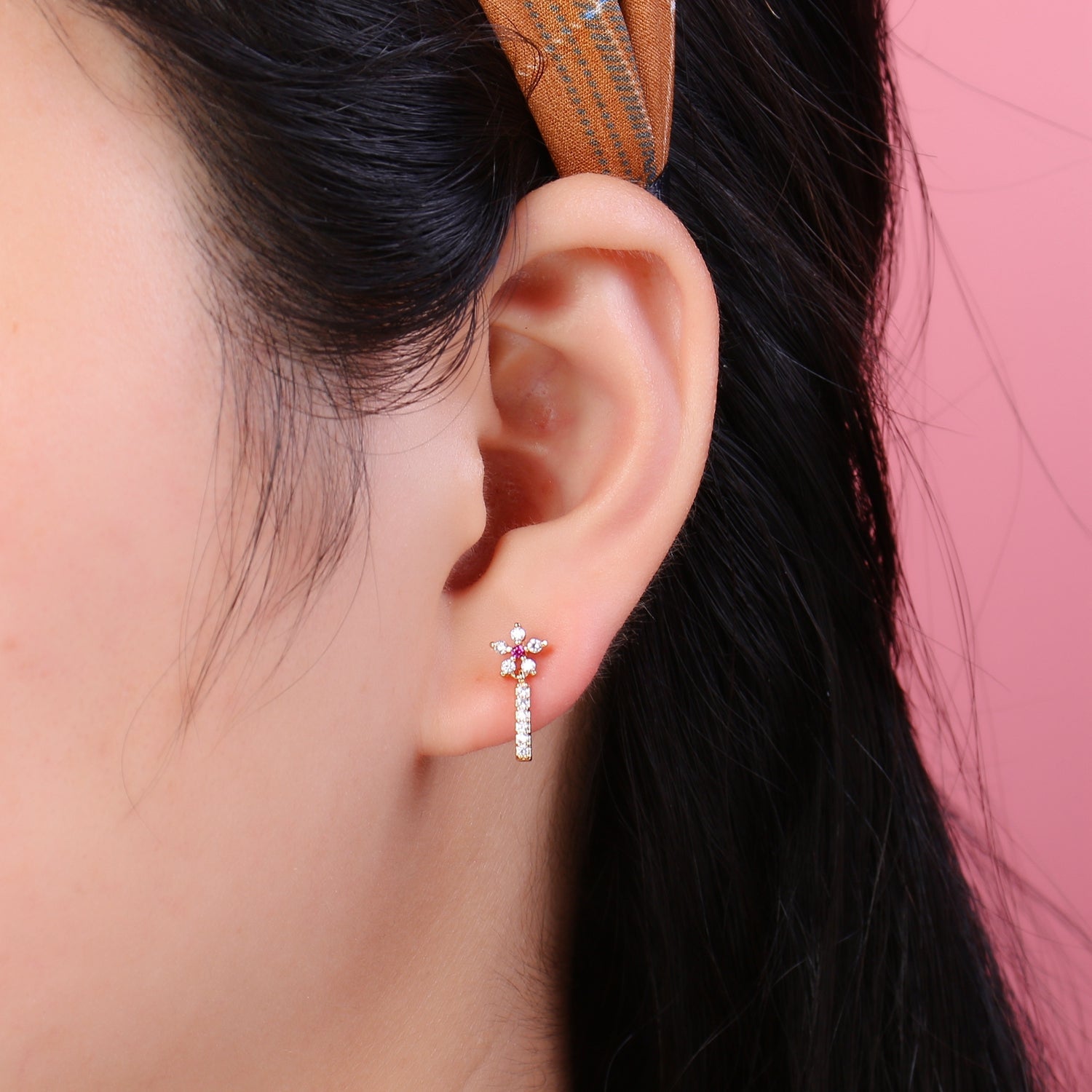 Tiny Gold Plated Zirconia Flower Lollipop Studs Earring CZ Floral Earring Jewelry GP-996 - DLUXCA