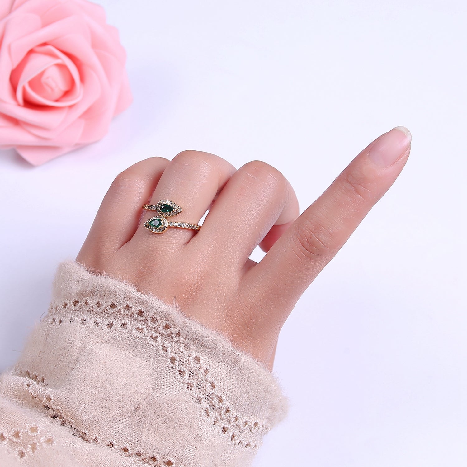 Green Emerald Tear Drop Cz Ring Open Adjustable Ring V-190 - DLUXCA