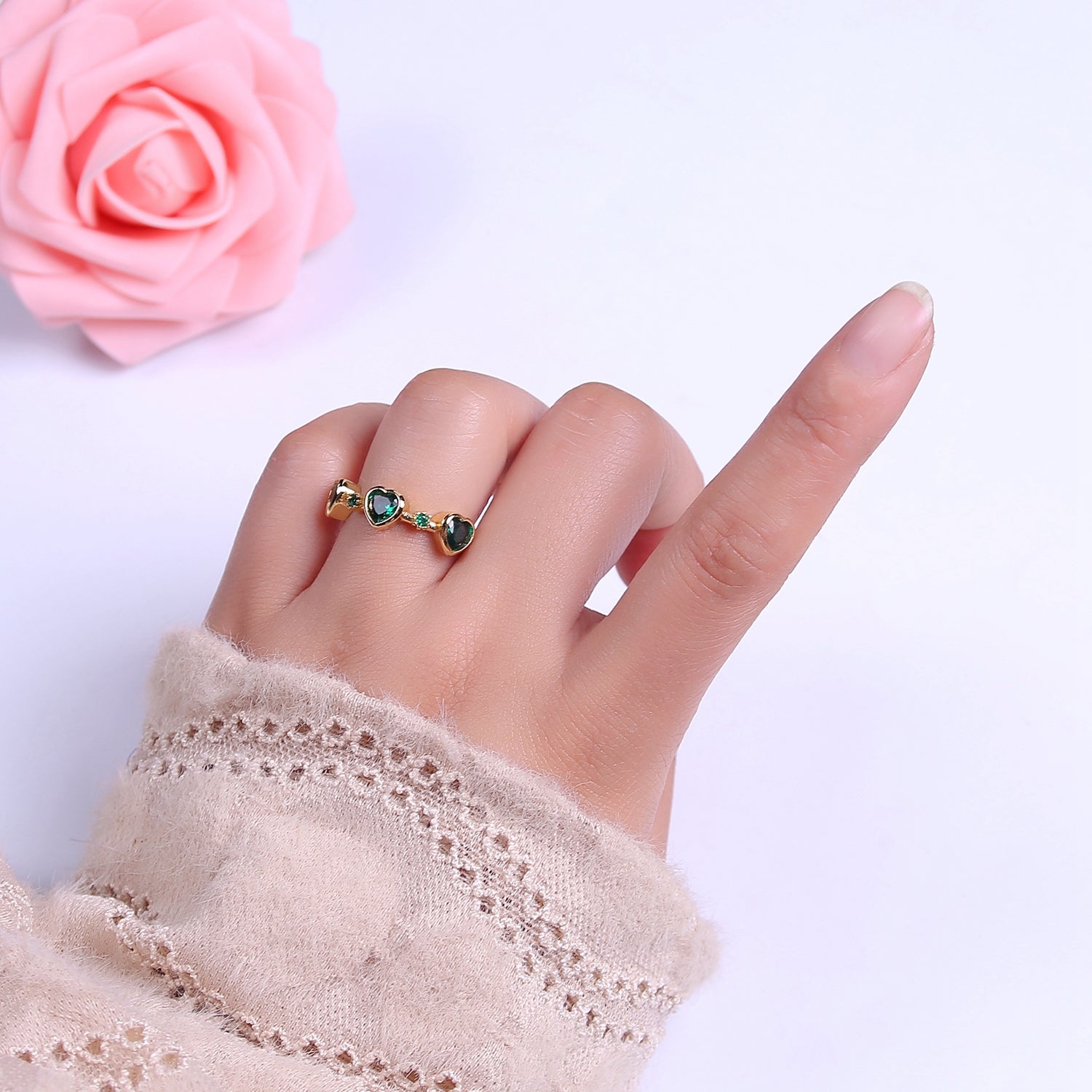 Green Emerald Cz Heart Ring Open Adjustable Ring V-189 - DLUXCA