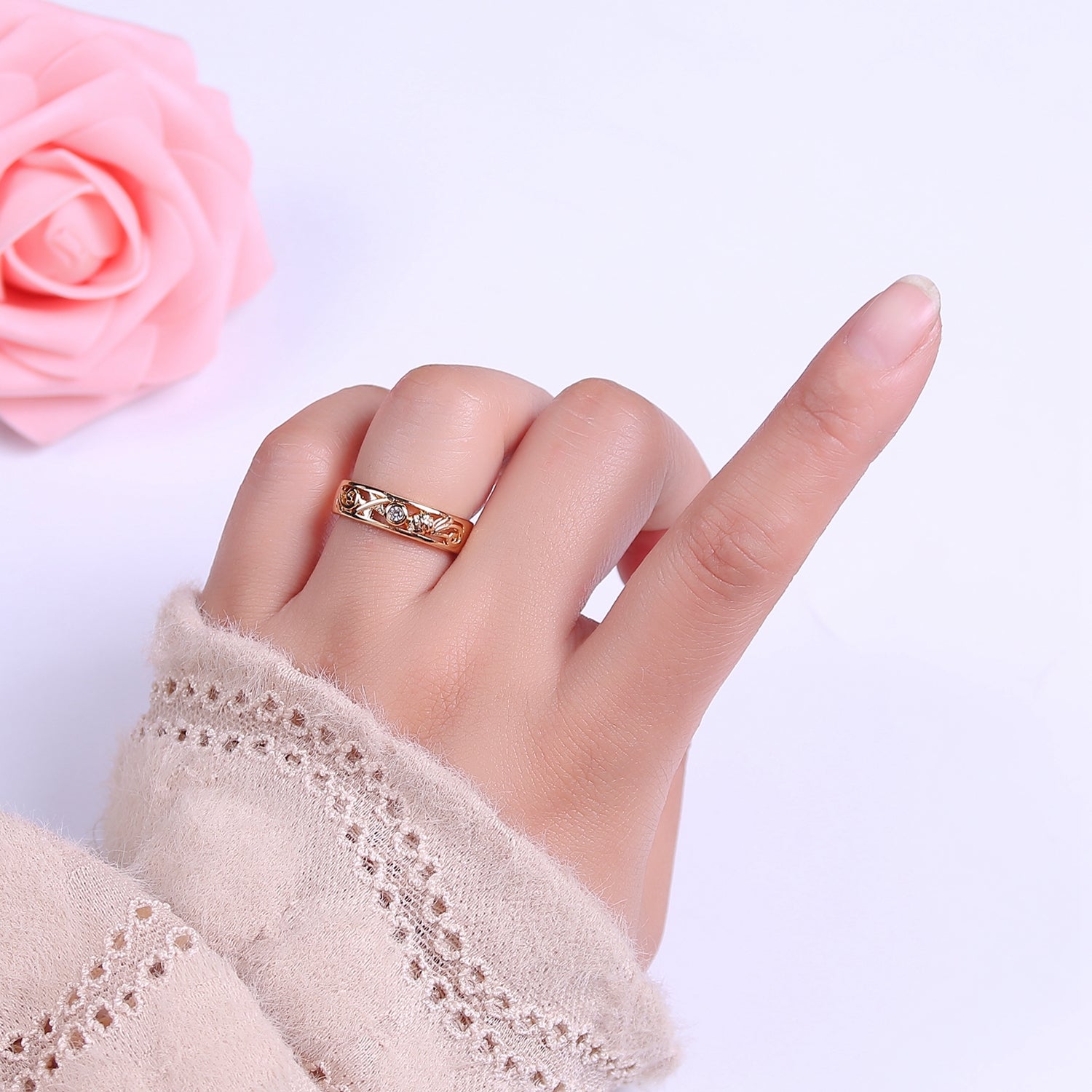 Dainty Gold Ring Carved Art with Round Bezel Cut Cz Stone V-232 - DLUXCA