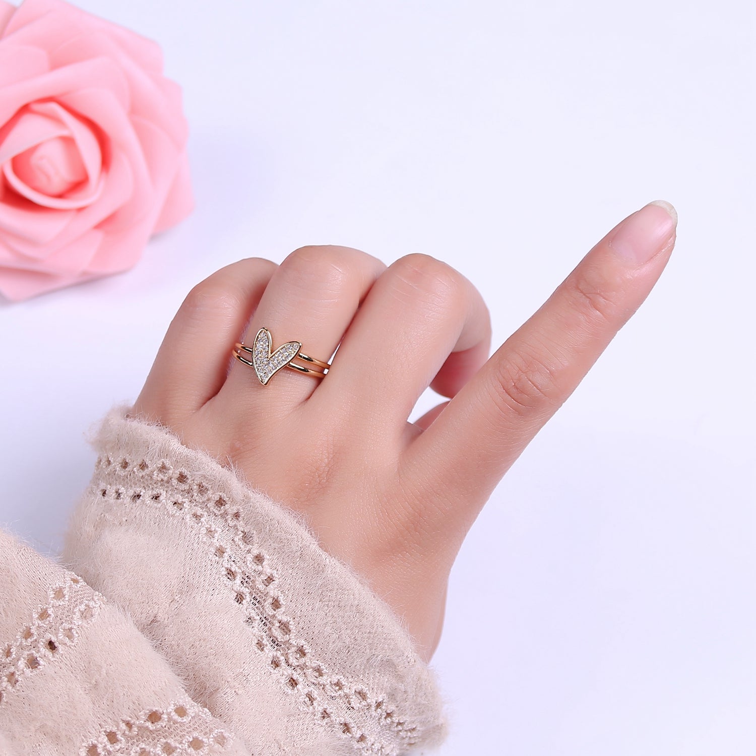 Dainty Double Band Heart Ring with Clear CZ Stone Gold Filled Open Adjustable V-185 - DLUXCA