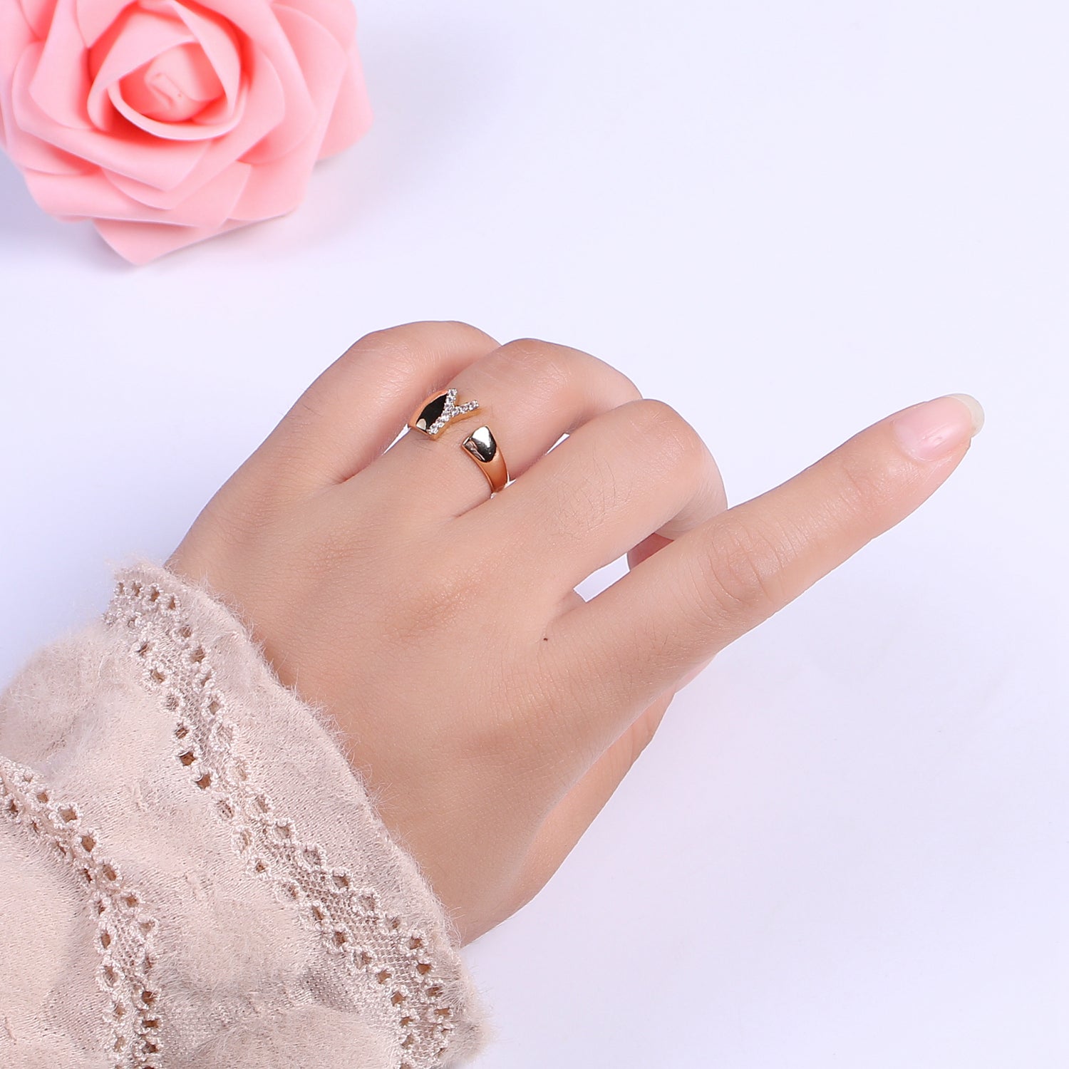 Chunky Cz Initial Gold Ring Alphabet Ring Stacking Ring Adjustable Ring Letter Ring Vintage Gold Rings Initial Ring Thumb Ring Open Ring - DLUXCA