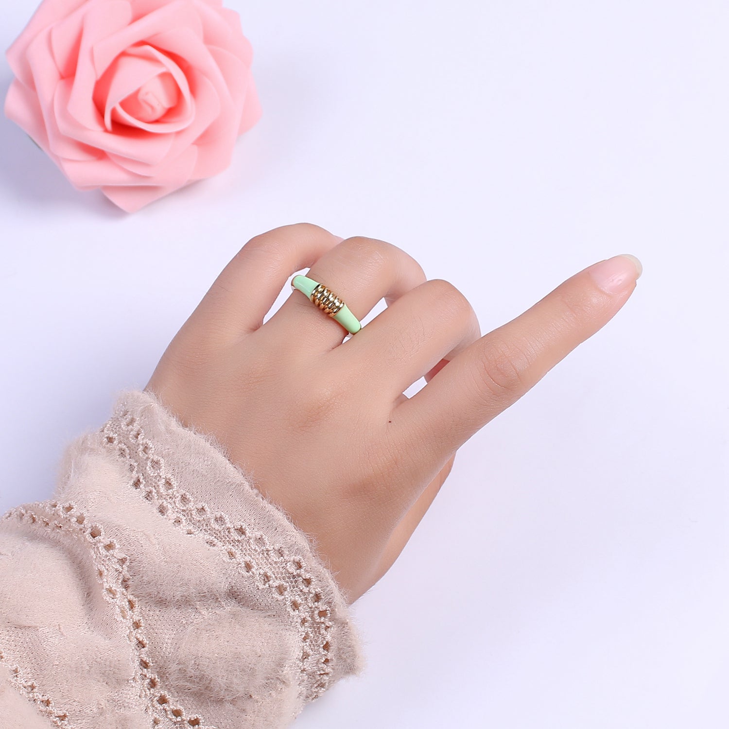 Colorful Pastel Enamel Ring • Gold Filled Multicolor Open Band • Green Pink Black White Minimalist Stackable Ring - DLUXCA