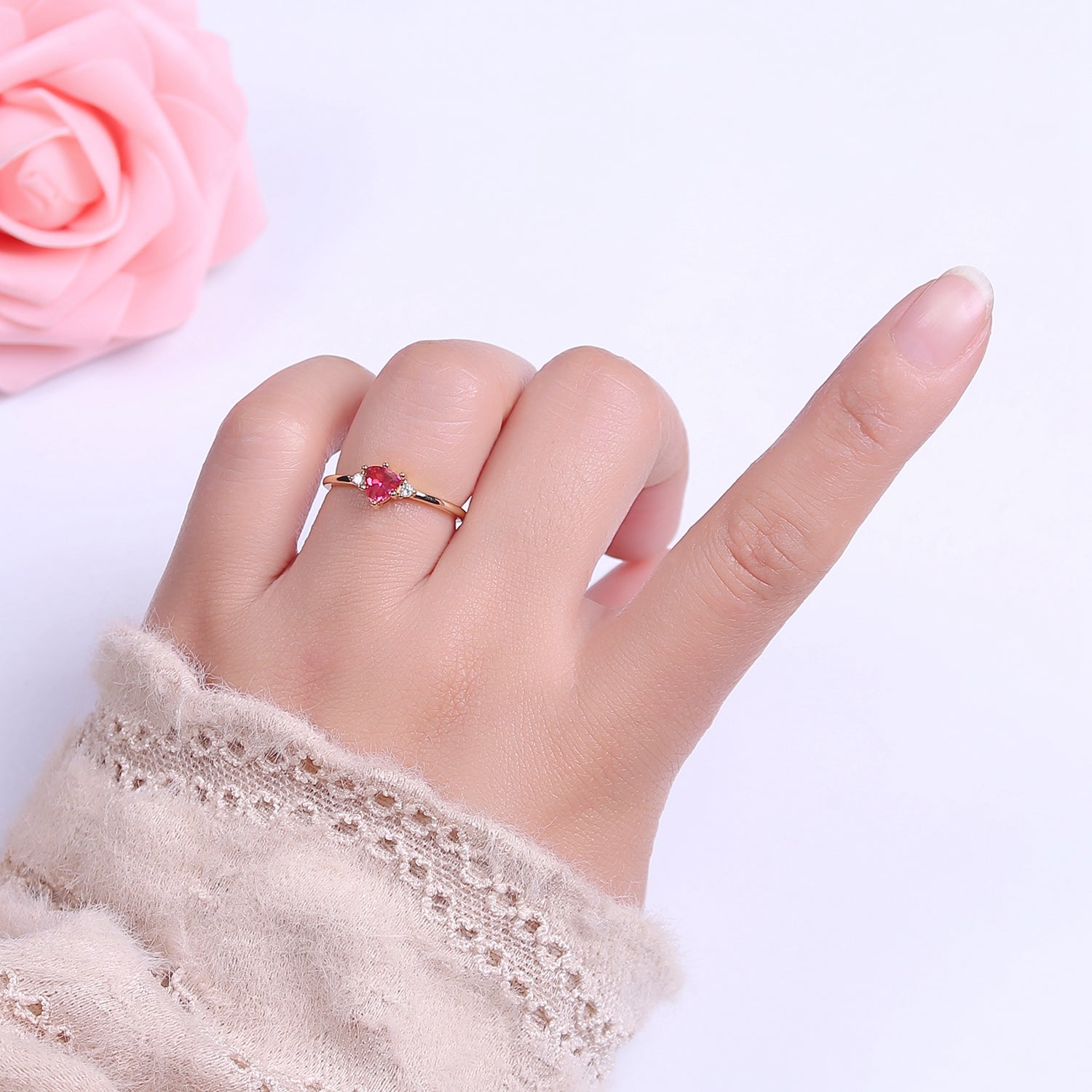 Minimalist Heart Ring, Gold Filled Stacking Ring, Pink CZ Heart Ring Open Adjustable S-532 - DLUXCA