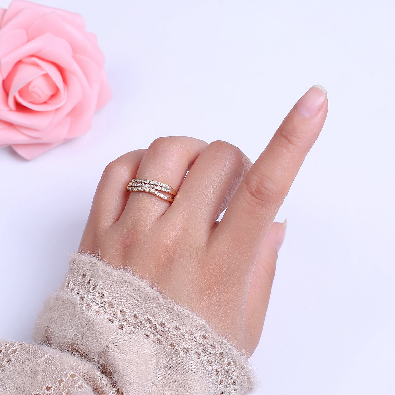 Stacked Ring Gold Filled Ring, Triple Stacking Ring Clear CZ Gold Band Open Adjustable Ring S-523 - DLUXCA