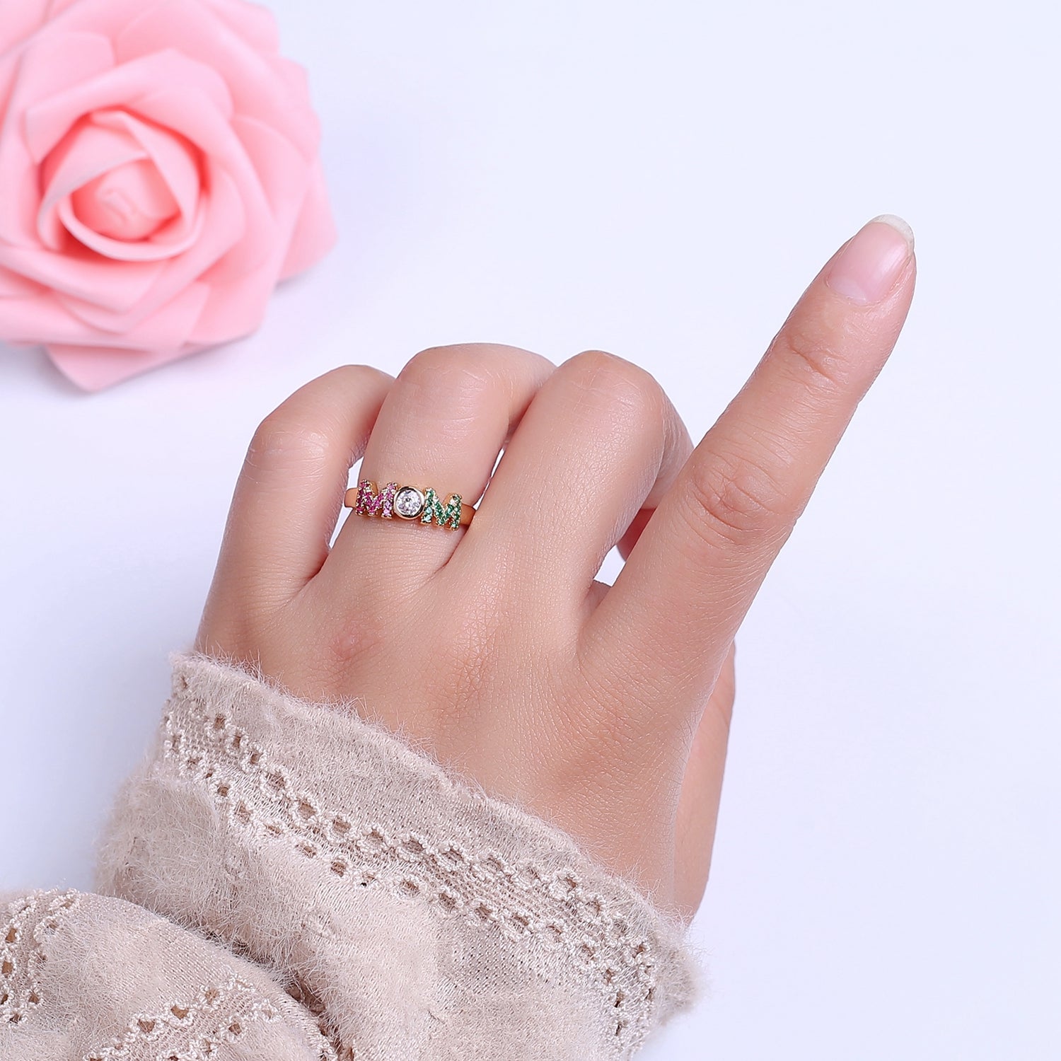 Gold Mom Script Ring Pink / Green Cz Gold Filled Ring Open Adjustable for Mother Day Gift S-524 - DLUXCA