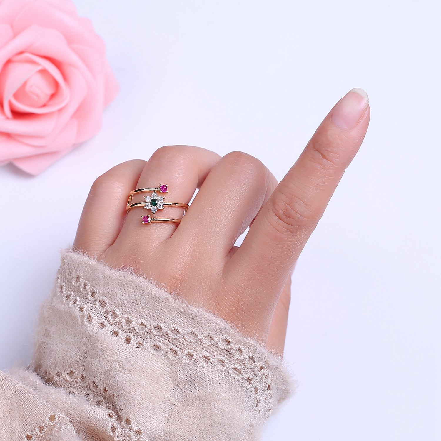 Spiral Finger Wrap Ring/ Flower Cz Gold Band Ringt CZ Diamond Wraparound Ring Midi Thumb Ring S-539 - DLUXCA