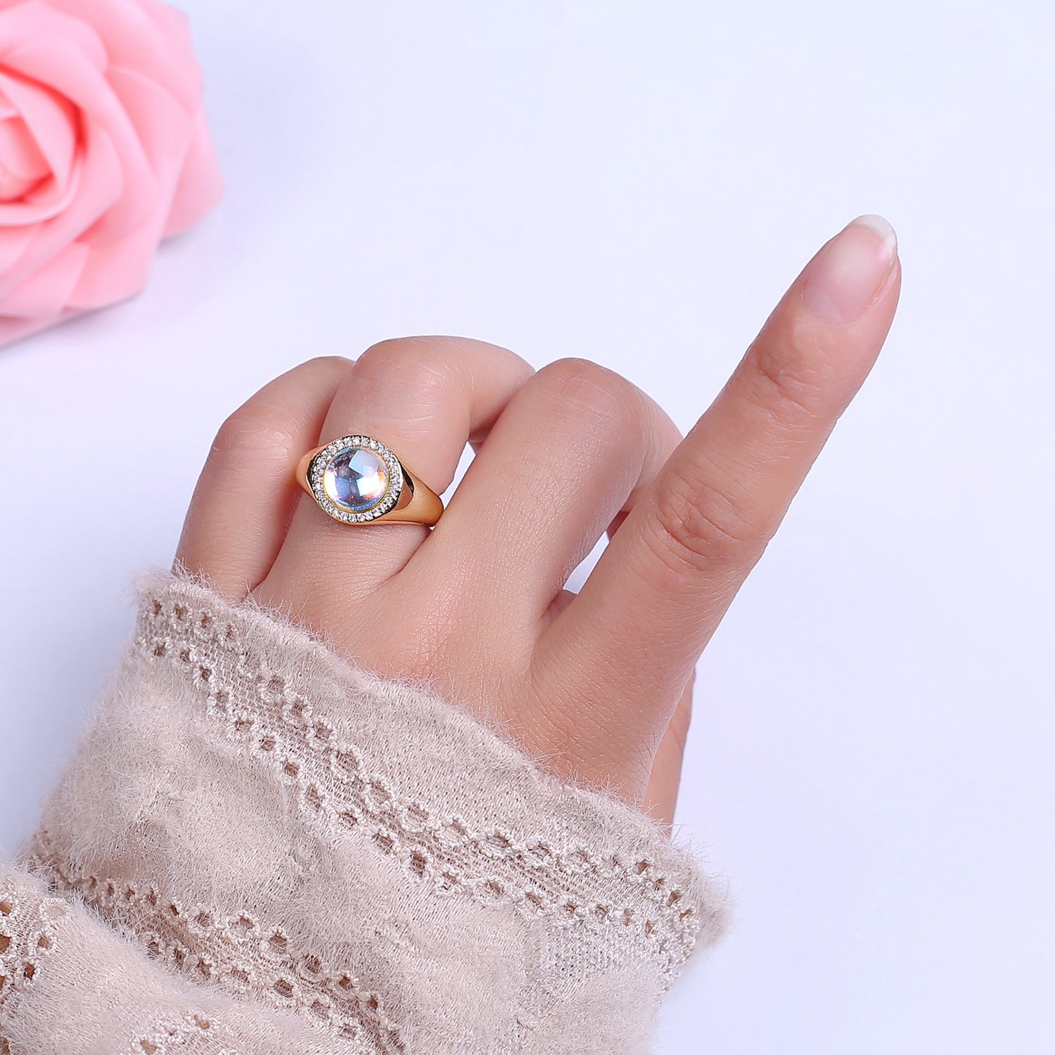 Bold Rainbow Moonstone Ring, Statement Signet Gold Ring Stackable Open Adjustable Ring V-259 - DLUXCA