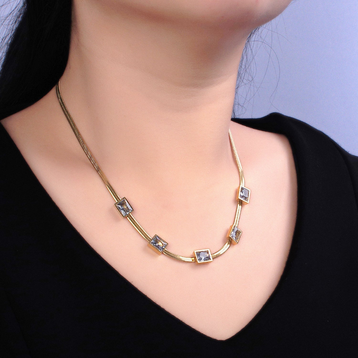 Stainless Steel Clear Baguette CZ 3mm Snake Herringbone 16.5 Inch Geometric Necklace | WA-1636 - DLUXCA