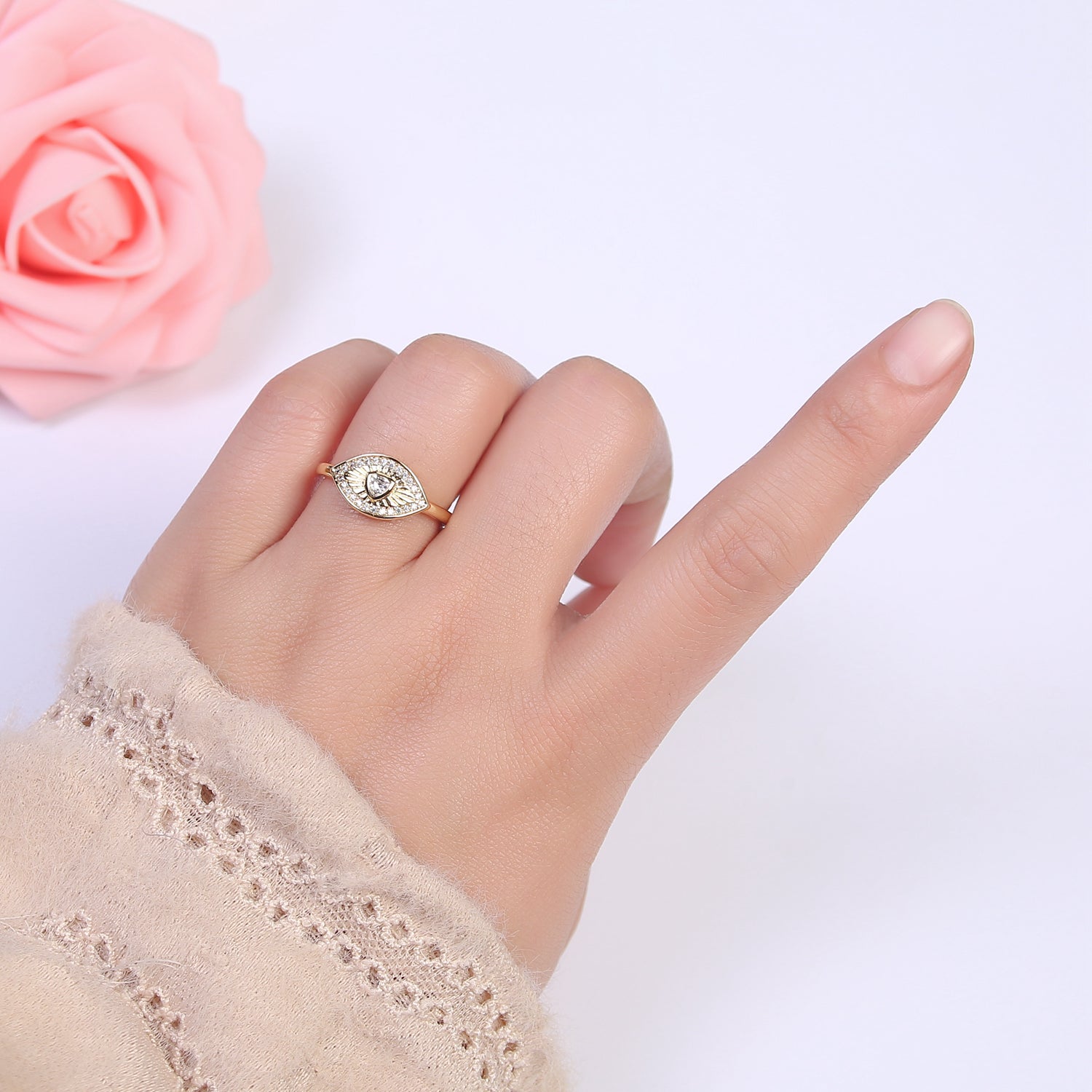 Dainty Evil Eye Stacking Ring, Gold Minimalist Ring, Simple cz Ring, Gold Filled Ring, Thin Ring, Delicate Ring, Gift for her - DLUXCA