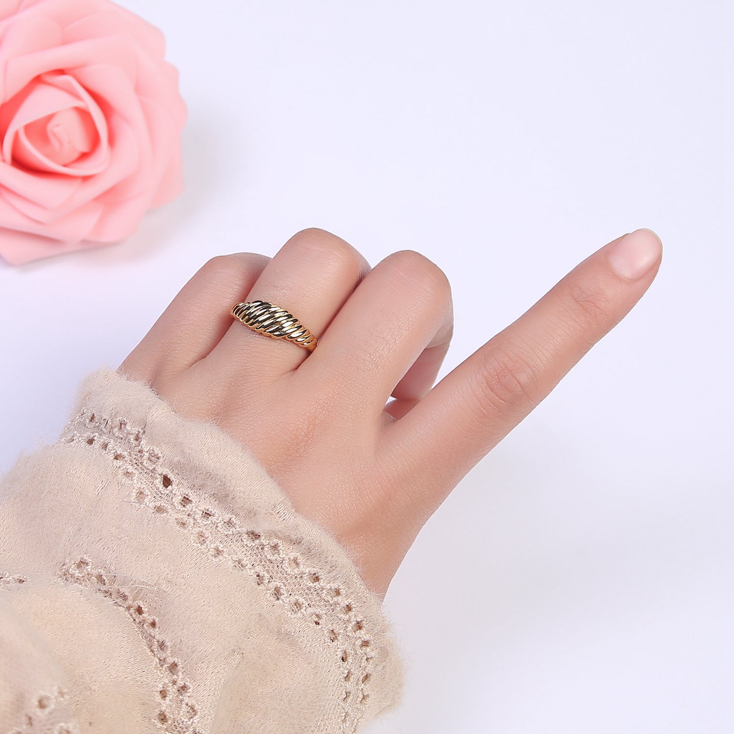 24K Gold Filled Textured Croissant Adjustable Ring, Minimalist Everyday Dome Golden Ring S326 - DLUXCA