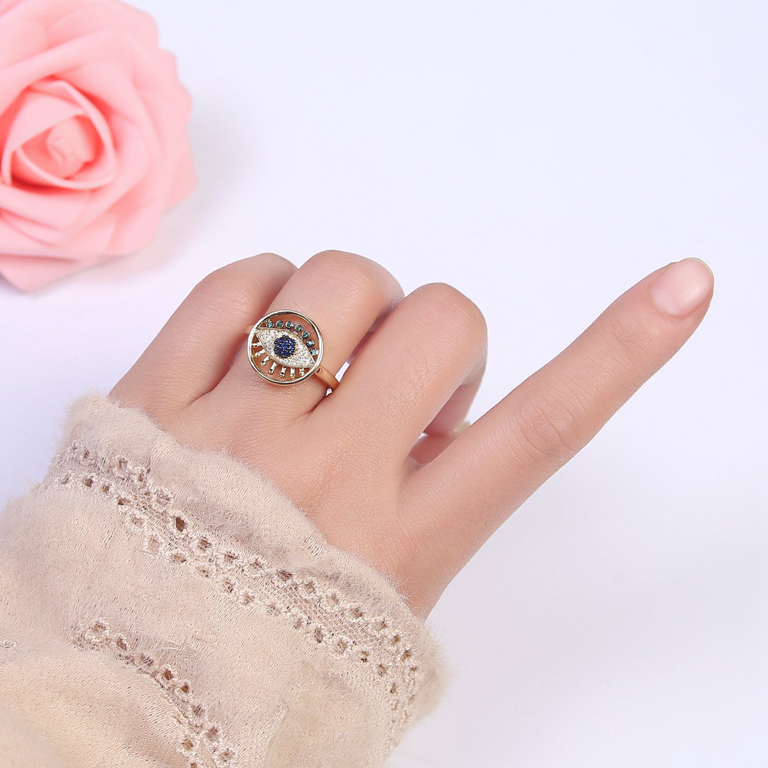 Evil Eye Ring Adjustable Ring, Gold Minimalist Ring, Diamond Evil Eye Ring, Amulet Ring, Protection Ring, Thin Delicate Ring, Gift Idea U-525 - DLUXCA