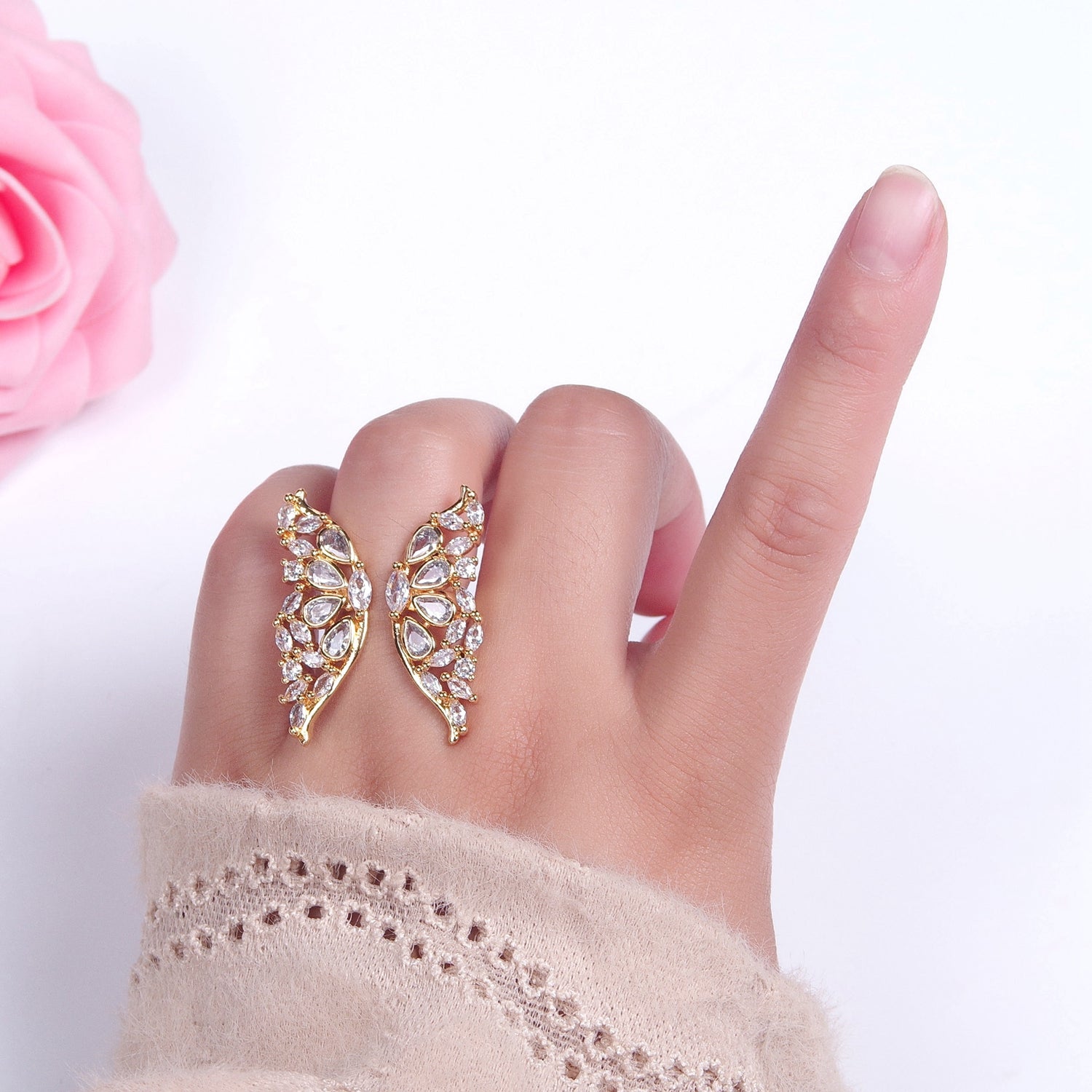 Clear Cubic Zirconia Grand Gold Butterfly Mariposa Adjustable Statement Ring P331 - DLUXCA