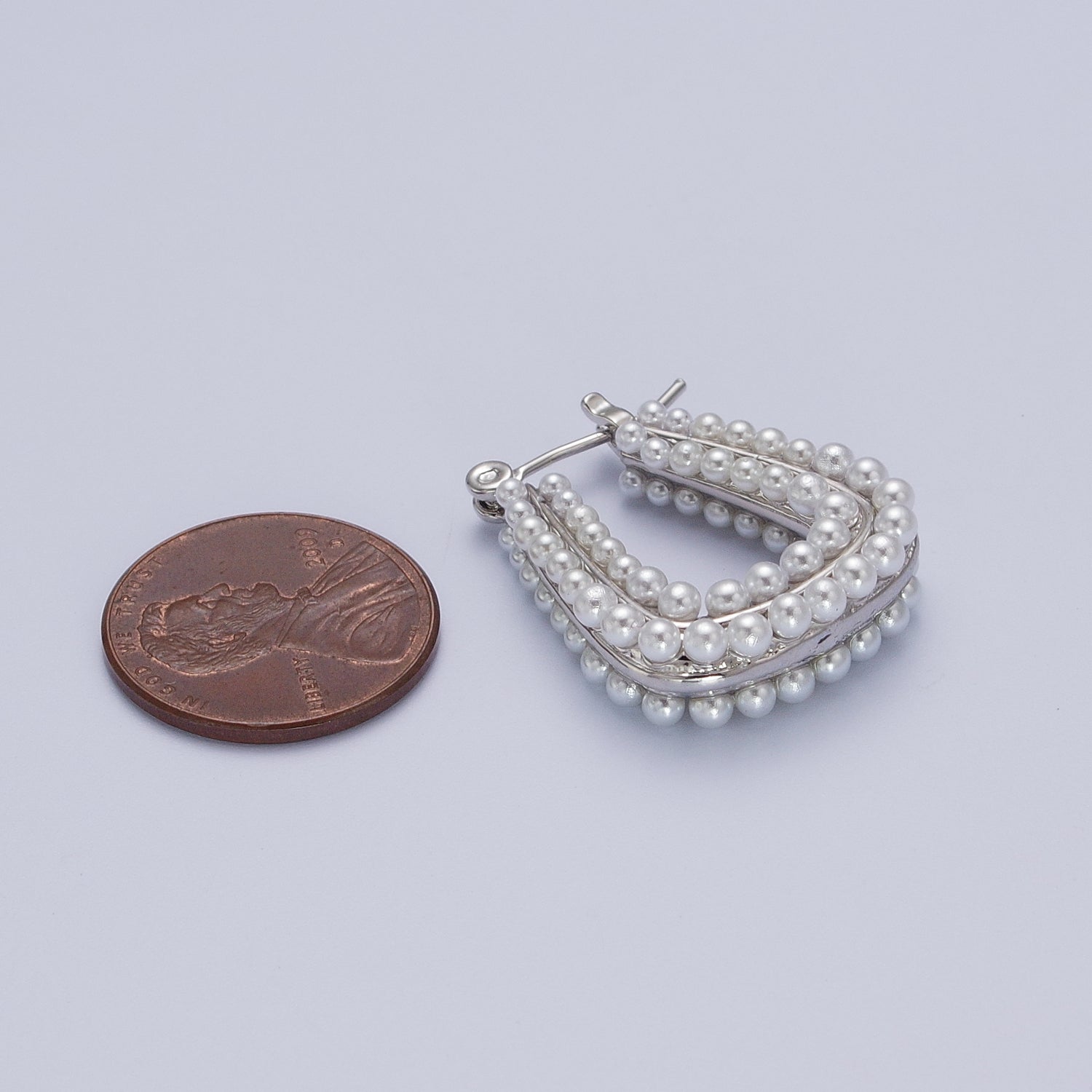 24K Gold Filled Pearl Lined Geometric Latch Hoops Earrings in Gold & Silver | V032 V033 - DLUXCA