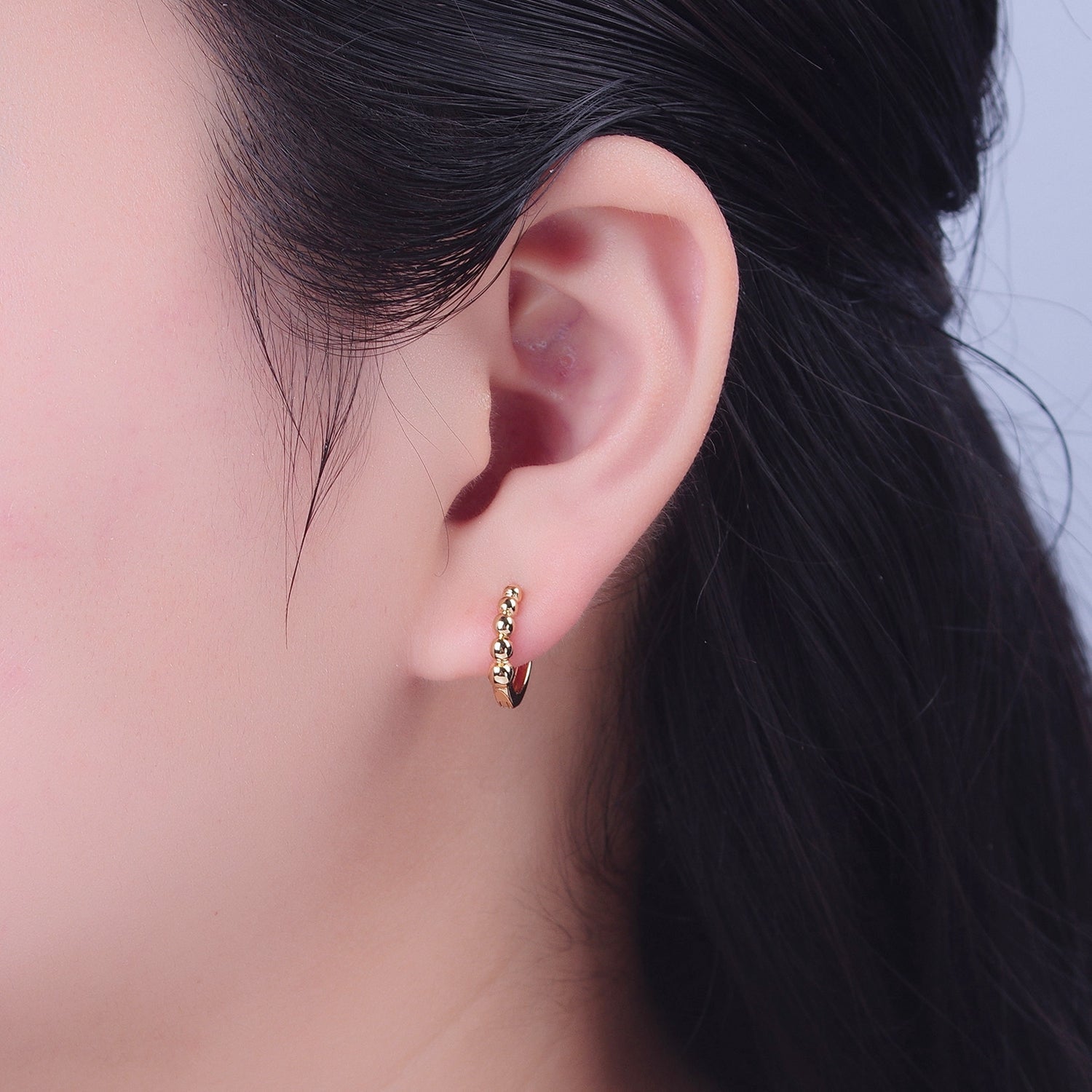 24K "Gold Filled Round Beaded Bubble Huggie Hoop Earrings W691 - DLUXCA