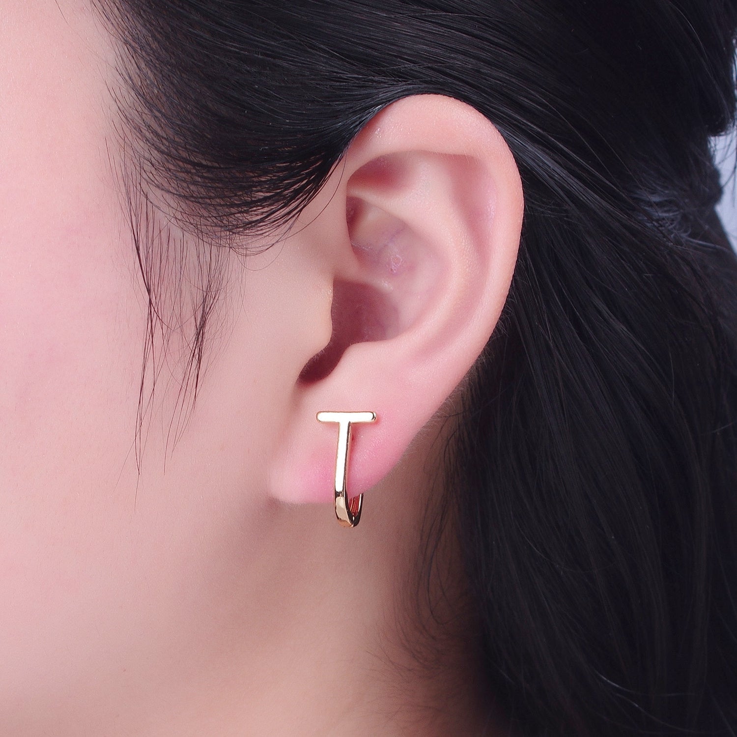 Minimalist 24K Gold Filled T Bar U Shaped Huggie Hoop Earrings W728 - DLUXCA
