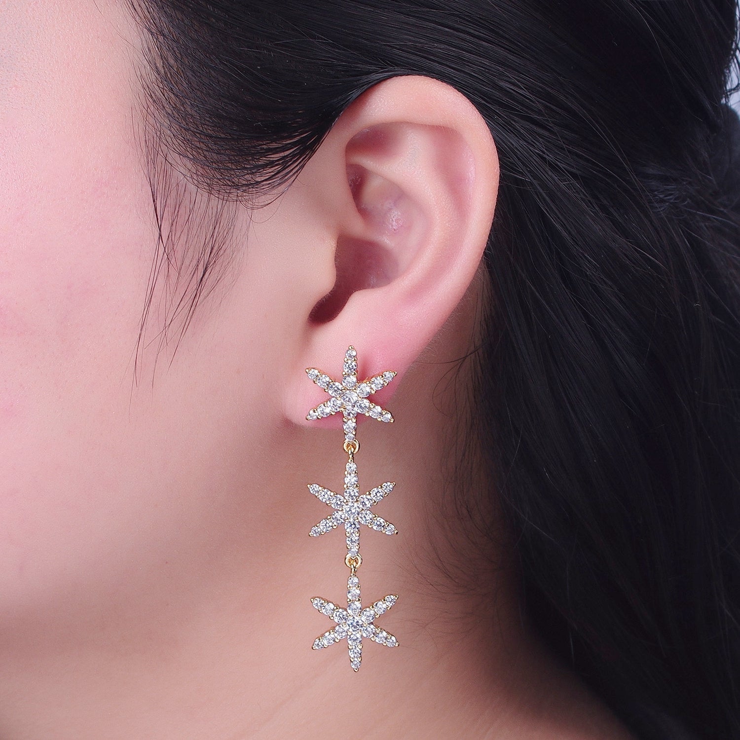 24K Gold Filled Micro Pave Star Dangle Stud Earrings W730 - DLUXCA