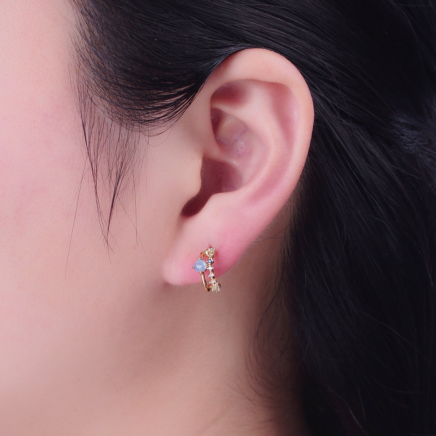 Dainty Double Band 24K Gold Filled Micro Pave Blue Clear Cubic Zirconia Stud Earrings W698 - DLUXCA