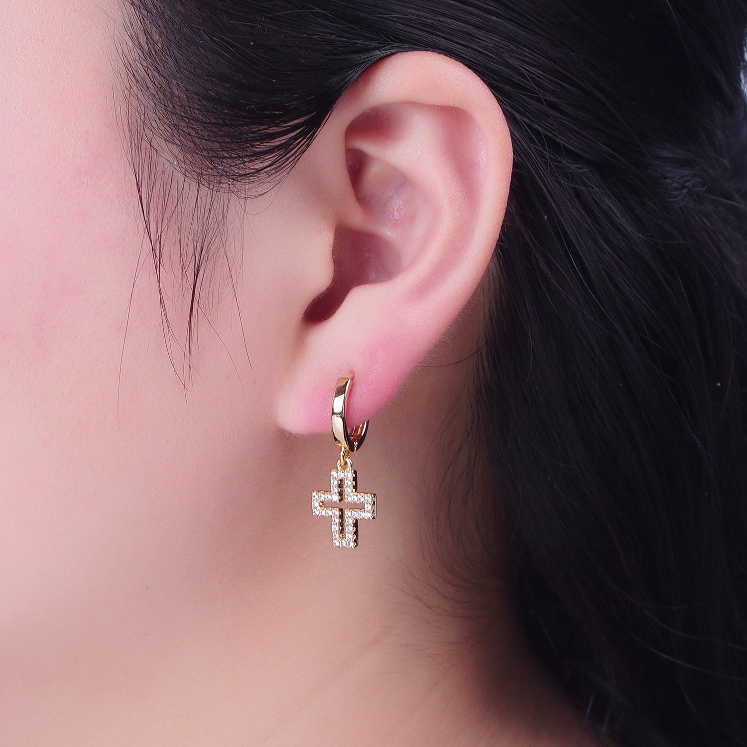 24K Gold Filled Micro Pave Cubic Zirconia Religious Cross Charm Dangle Huggie Hoop Earrings W716 - DLUXCA