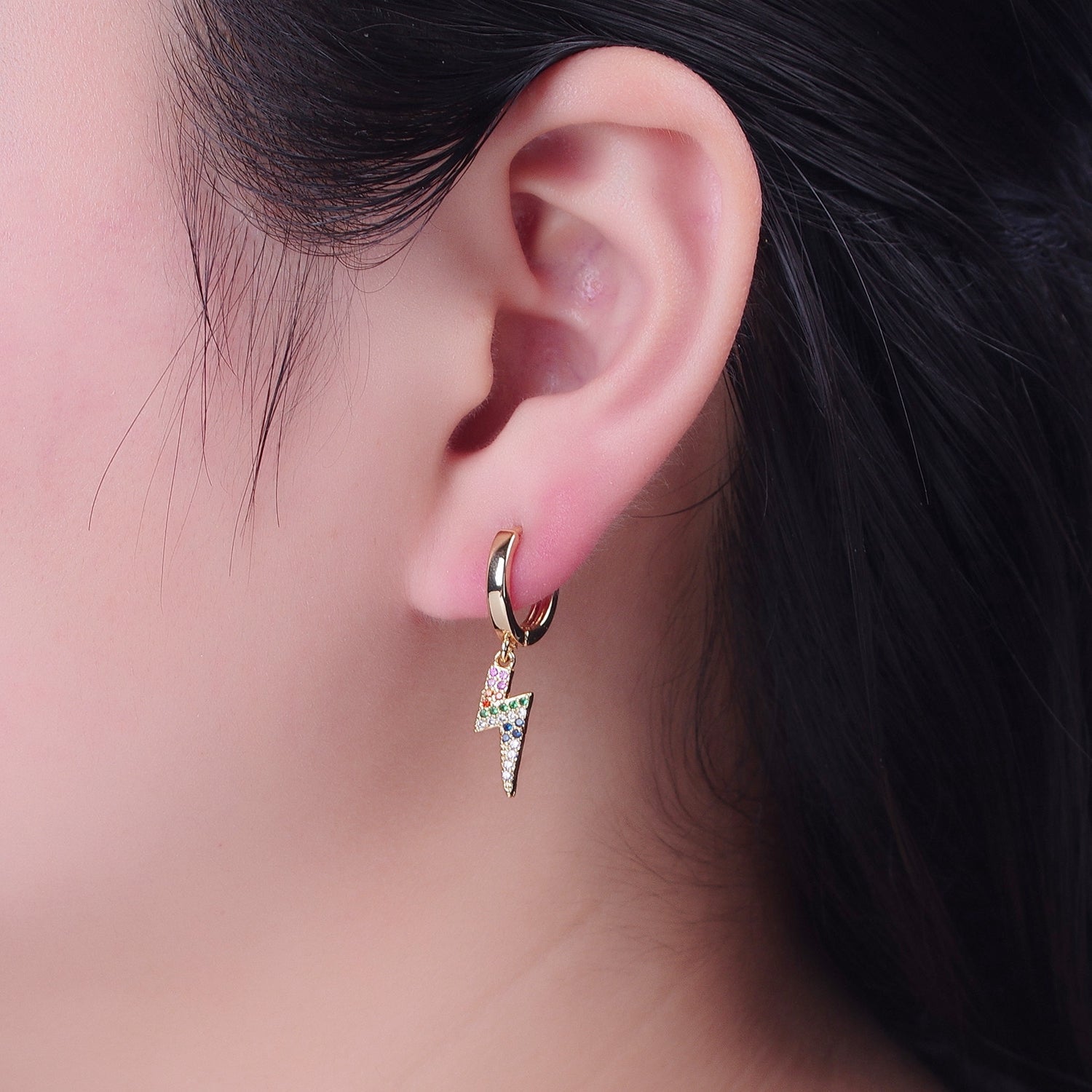 24K Gold Filled Rainbow Micro Pave Thunder Bolt Charm Drop Dangle Earring W725 - DLUXCA