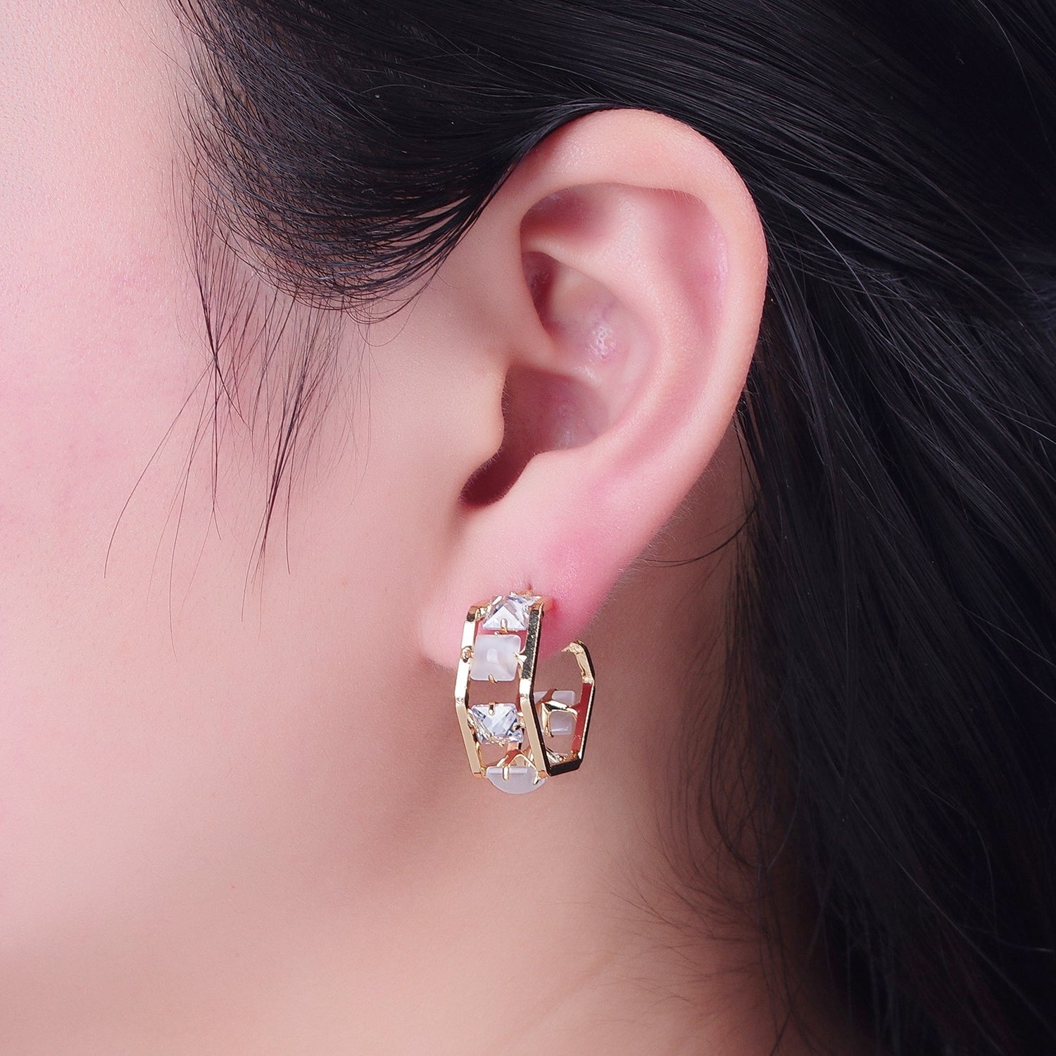 24K Gold Filled Hexagonal Double Band C Shaped Baguette Cubic Zirconia CZ Stud Earrings W718 - DLUXCA